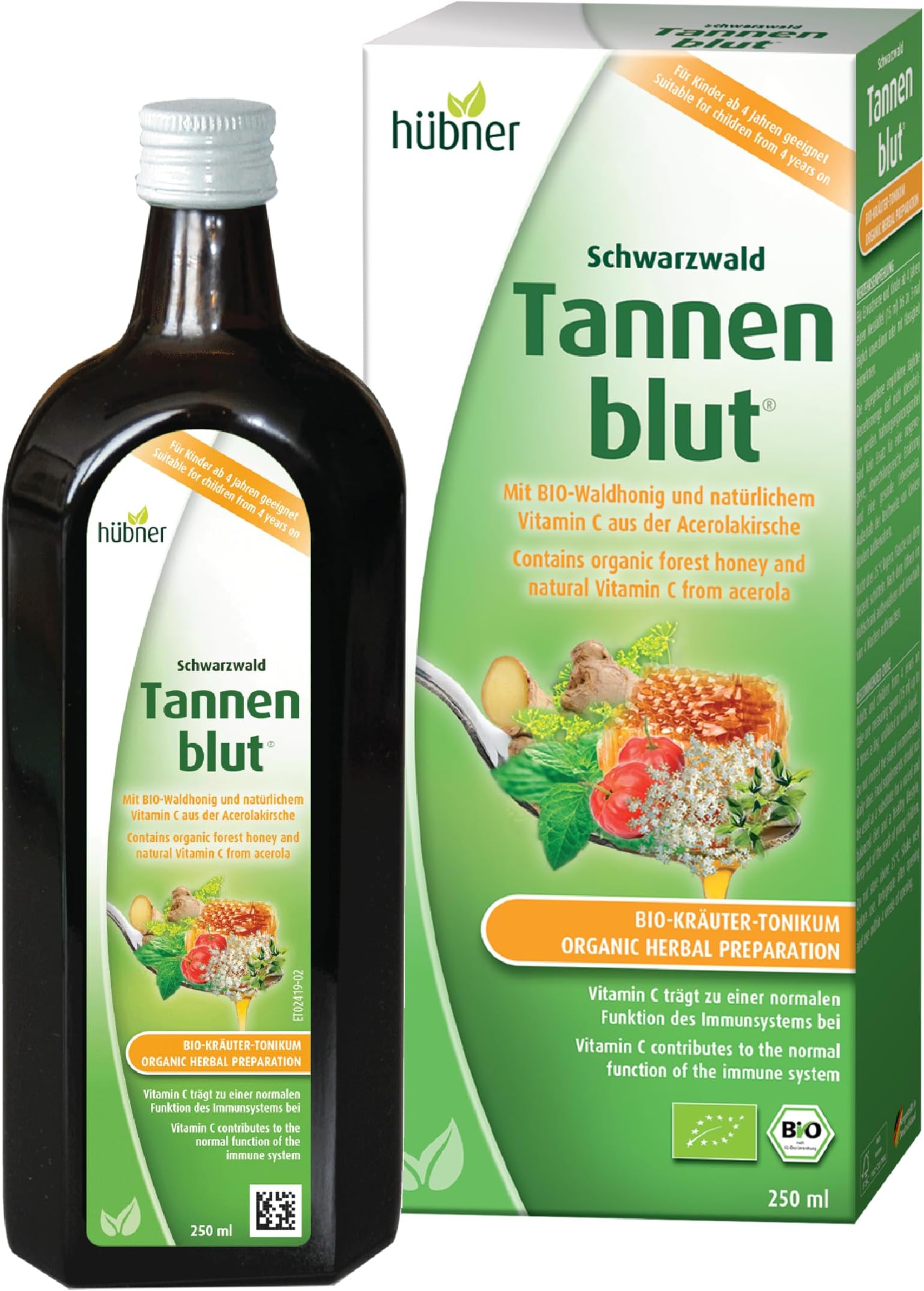 Hubner Tannenblut Organic Herbal Preparation, Honey Cough Syrup, Cold and Sore Throat Support, Soothing Relief, Vitamin C Supplement for Adults and Kids 4 and Older, Kosher and Alcohol-Free, 250 ml
