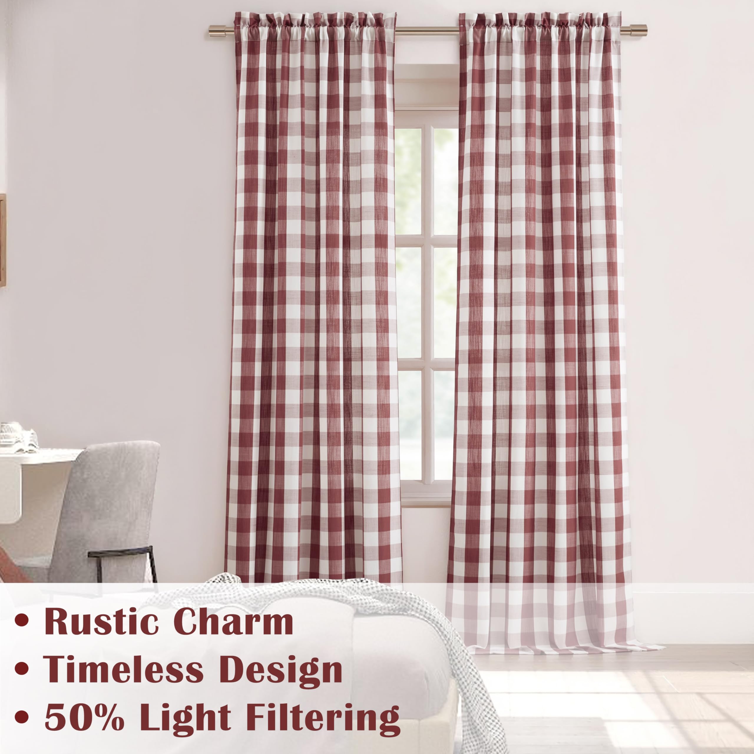 Red Buffalo – Lot de 2 Rideaux de fenêtre à Carreaux à Carreaux Bordeaux, Style Rustique rétro Rustique avec Passe-Tringle pour Chambre à Coucher, Salon, 101,6 x 213,4 cm, Rouge/Blanc