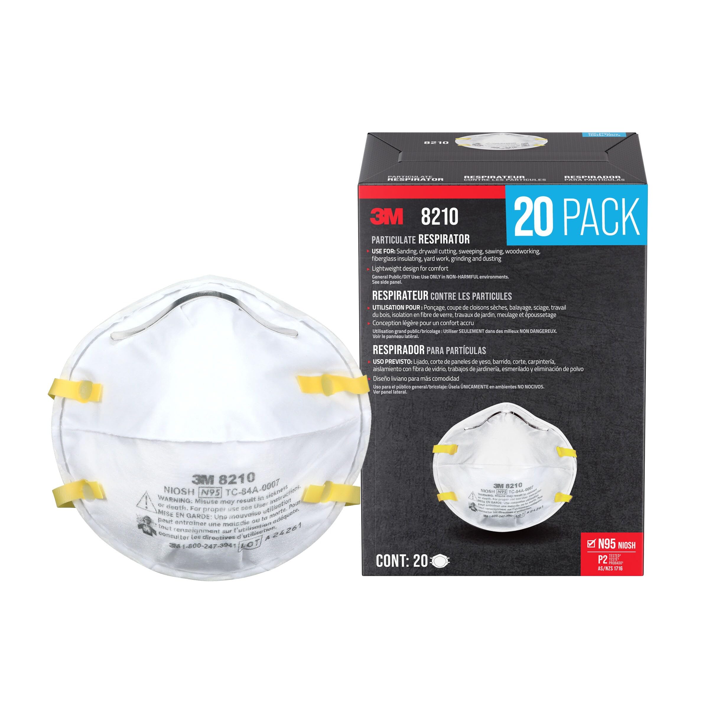 N95 Performance Respirator 8210, 20 Pack, Drywall Sanding, NIOSH-APPROVED N95, Advanced Filter Media For Easy Breathing, Cushioning Nose Foam, Adjustable Noseclip, Stretchable Straps (8210D20-DC)