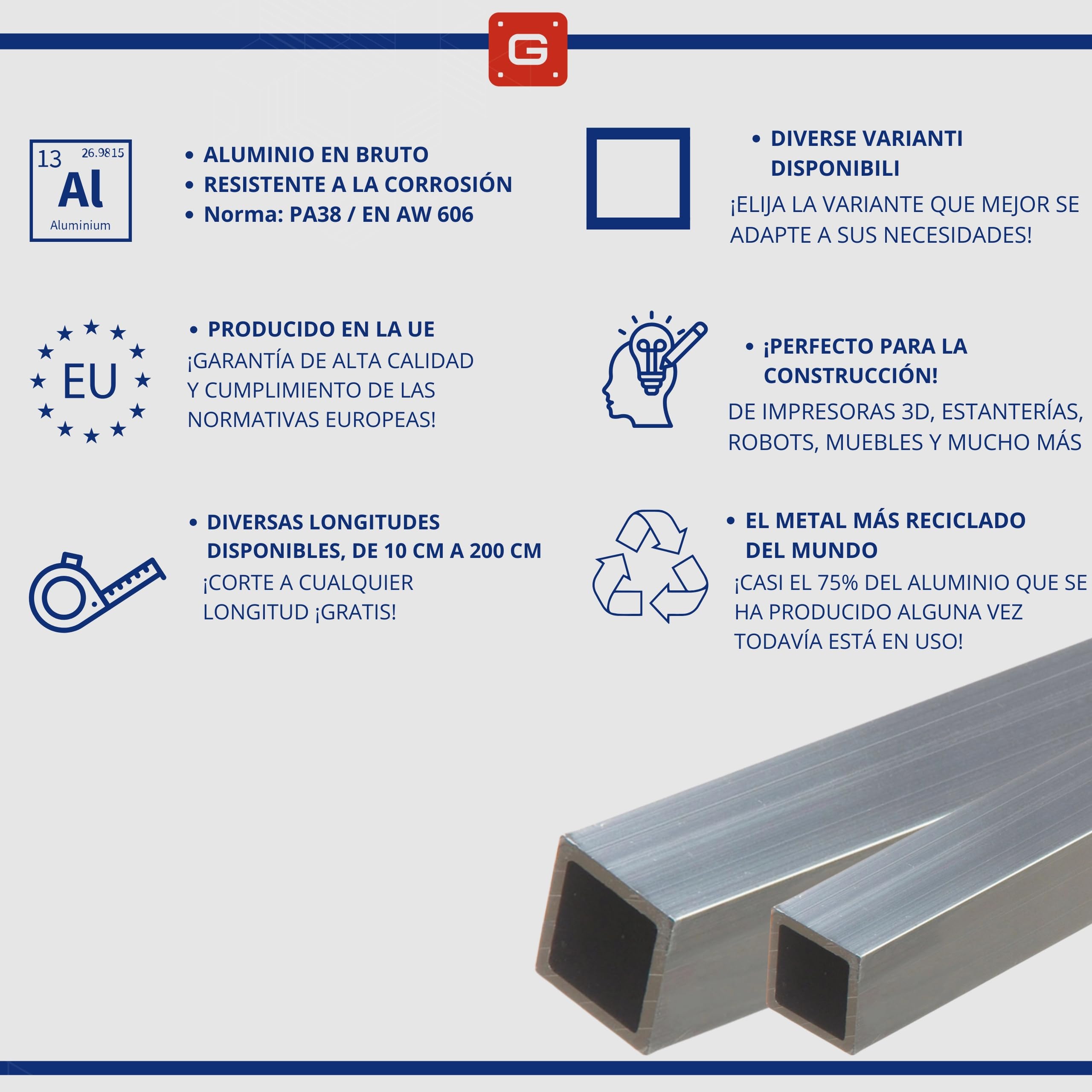 Tubo Cuadrado de Aluminio 40x40x2 mm 200 cm Perfil EN AW-6060