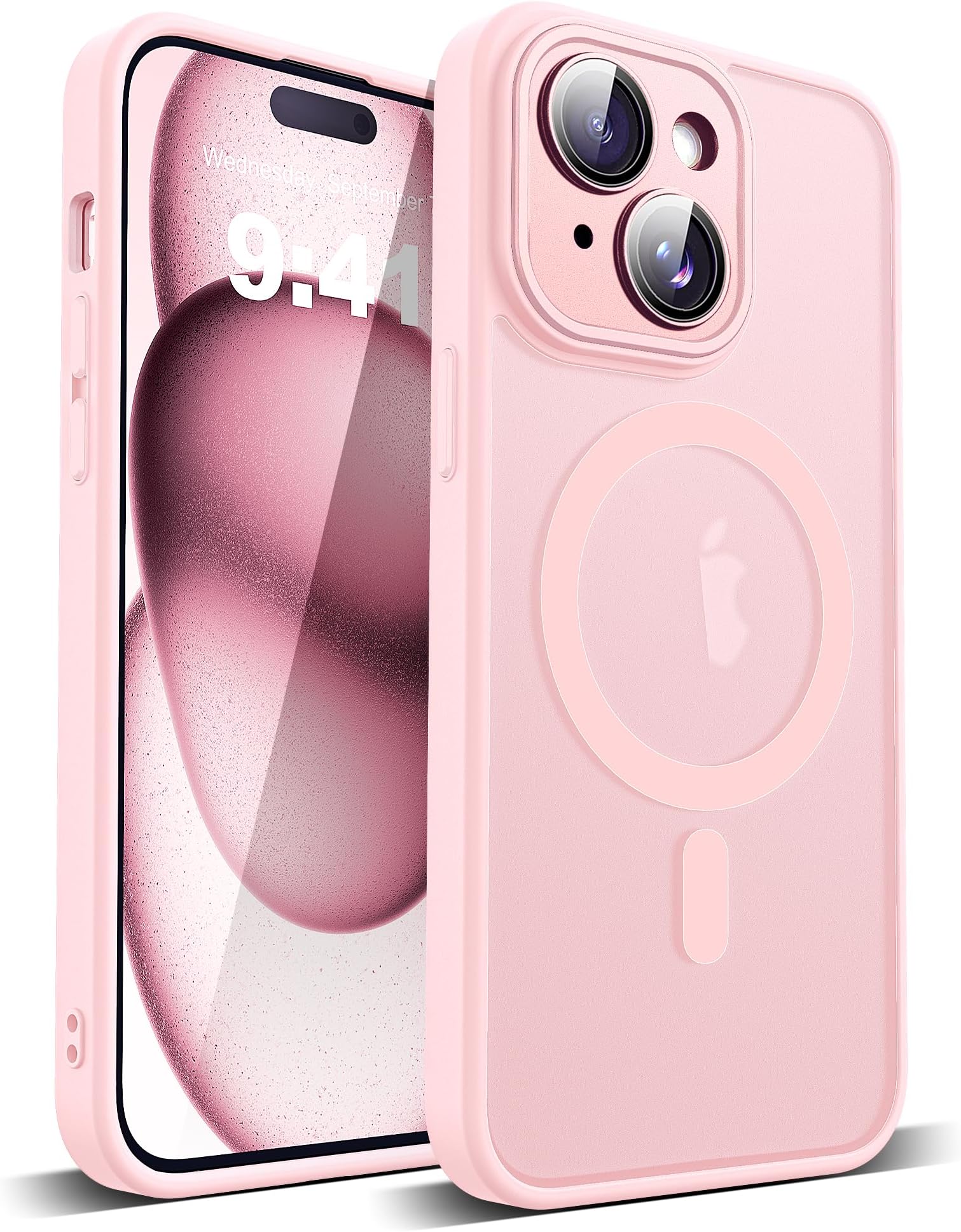 Compatible with iPhone 15 Case with Built-in Camera Lens Protectors Translucent Magnetic iPhone 15 Phone Case 6.1" [Compatible with Mag-Safe][Great Grip Feeling], Pink