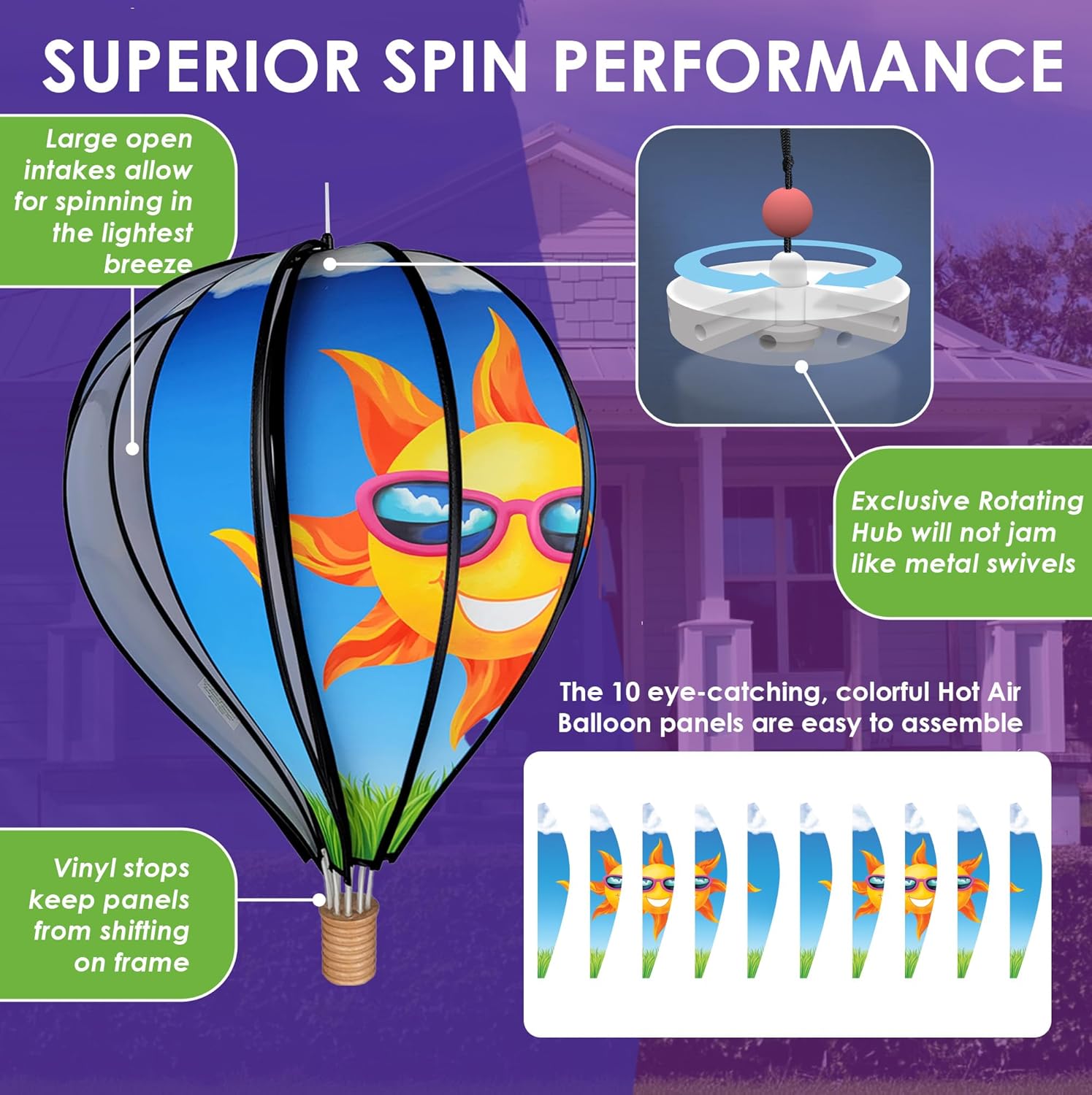 Hot Air Balloon Hanging Garden Spinner 22" - Vibrant Sun Design, Weather-Resistant Outdoor Decor, Durable & Lightweight for Patios, Yards, and Gardens - Eye-Catching Wind Spinner
