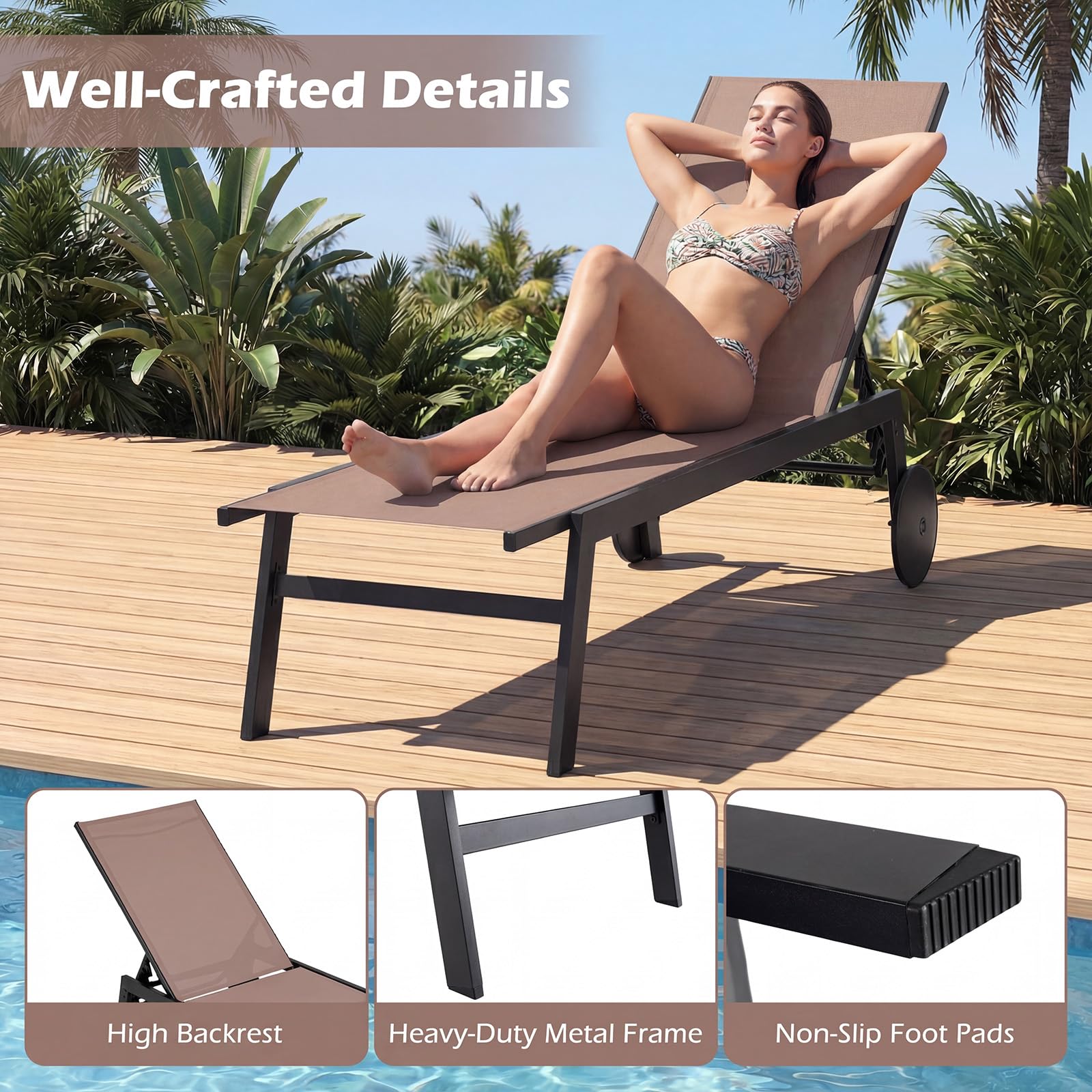 GIANTEX Juego de 1/2 Tumbonas de Jardín con Ruedas, Silla Reclinable de Metal con Respaldo Ajustable en 6 Posiciones, Tejido Transpirable, Tumbona para Piscina, Playa, Balcón (1, Marrón)