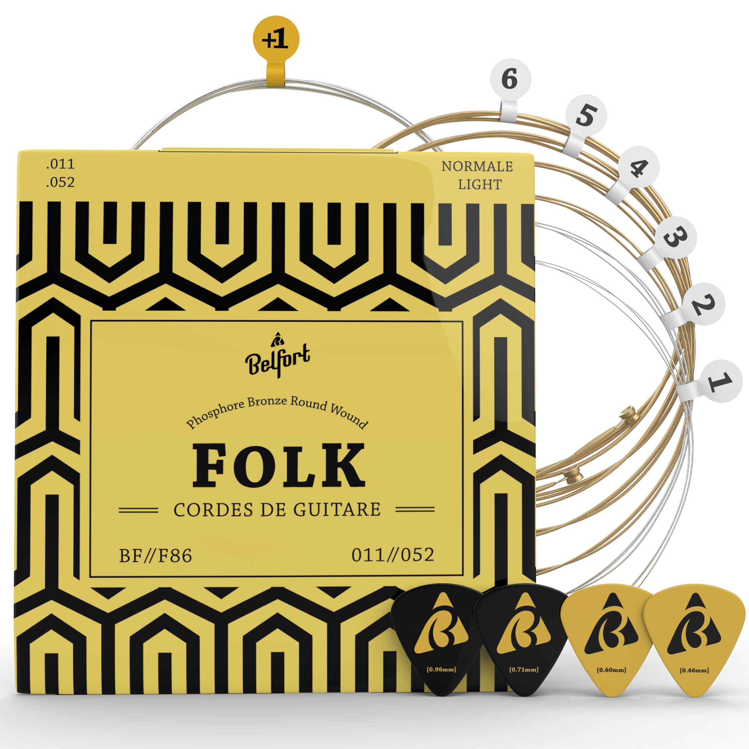 BELFORT® Cordes VAINQUEUR DE TEST 2019 - Pour guitare folk & acoustique - BONUS : Ebook gratuit + 4 plectres - en Phosphor Bronze (lot de 6) (1 jeu – 6 cordes + 1E sup. (.011/.052))
