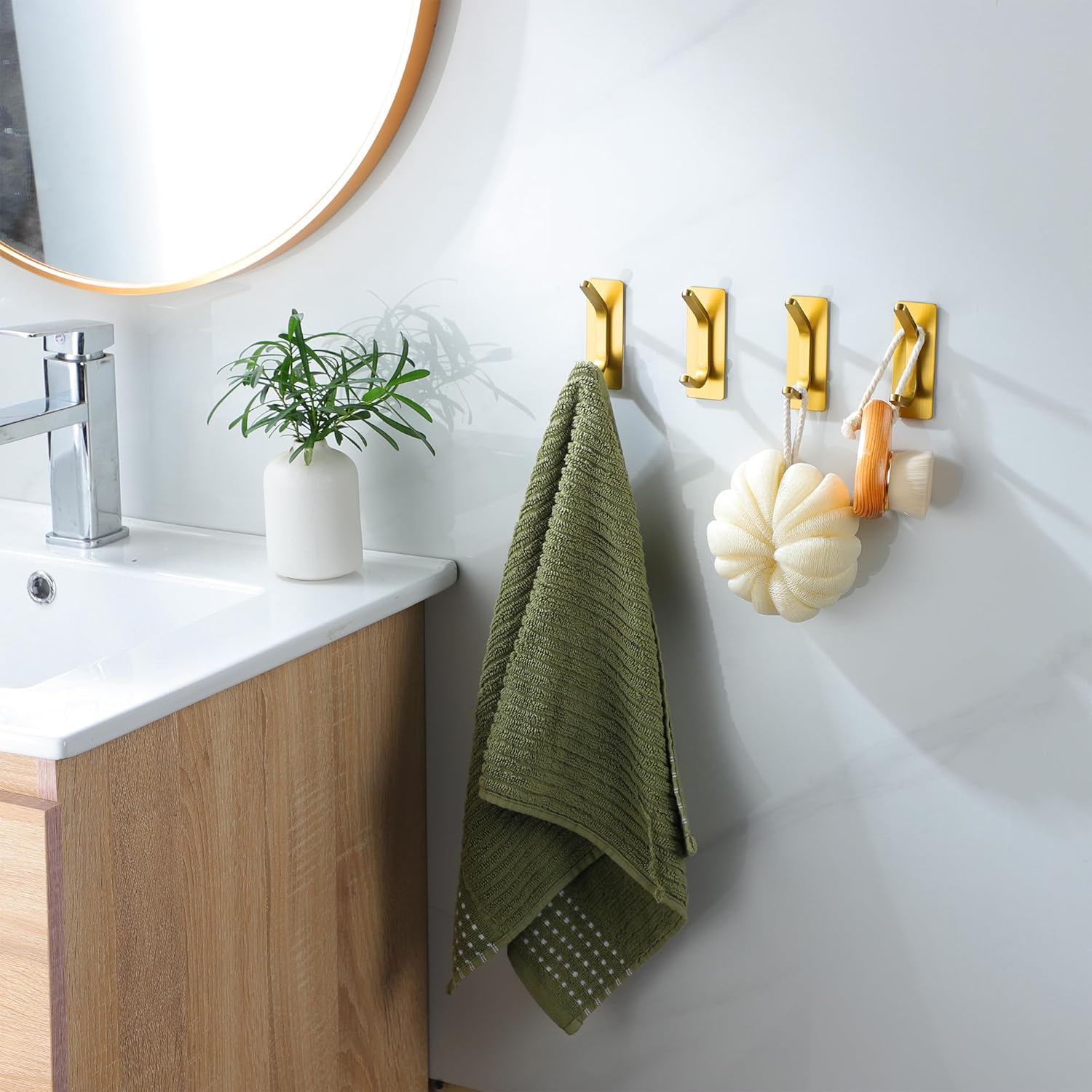 Taozun Adhesive Hooks - Brushed Gold Towel Hooks, Stainless Steel Stick on Wall Hooks Holder for Hanging Robe Sponges in Bathroom and Bedroom