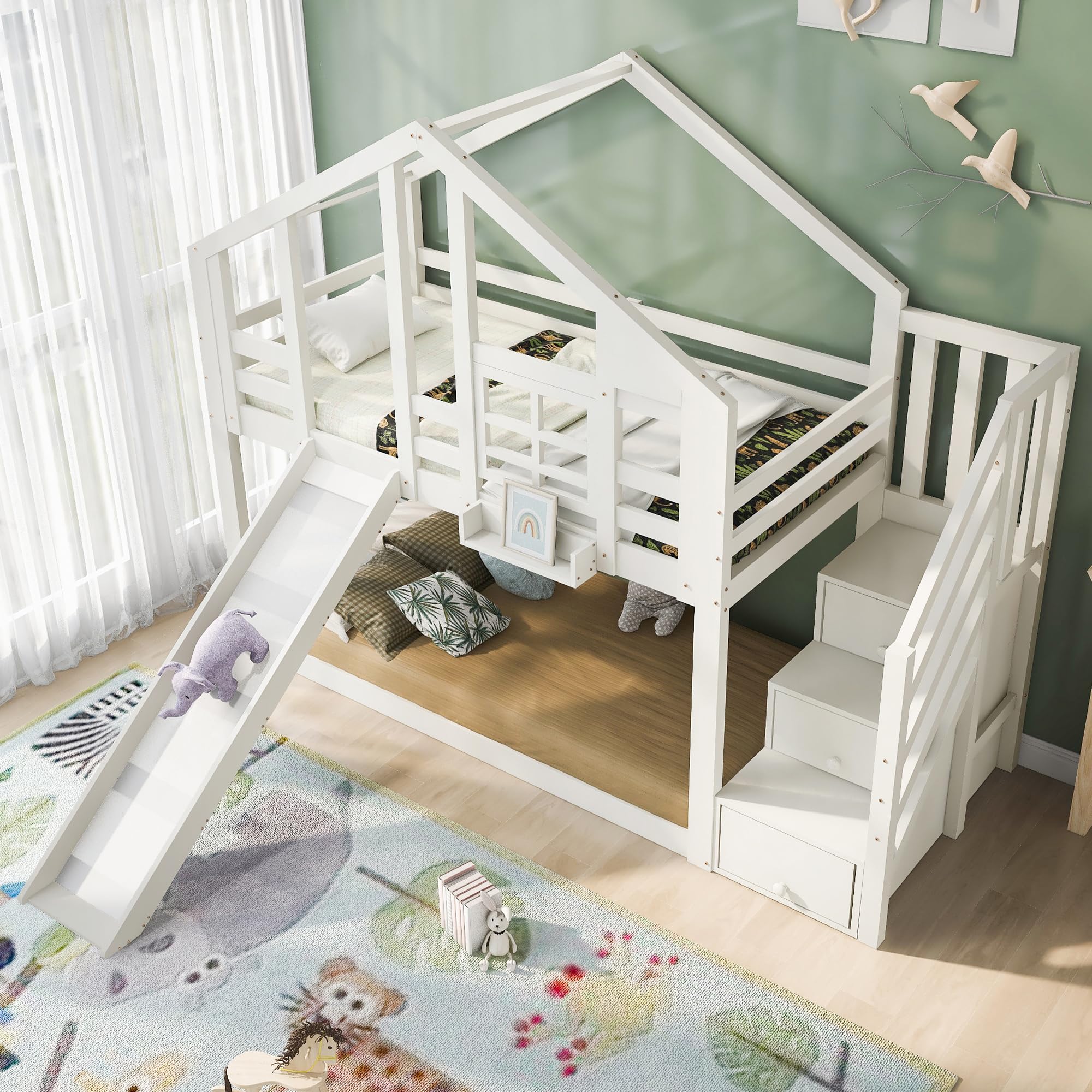 Merax Kinderbett Etagenbett 90x200cm Housebett Stockbett Hochbett mit Rutsche,Treppe Staufach Stauraum,Lattenrost,Rausfallschutz,mit Fenster, für 2 Kinder, Ohne Matratze,Weiß/254×96×207cm