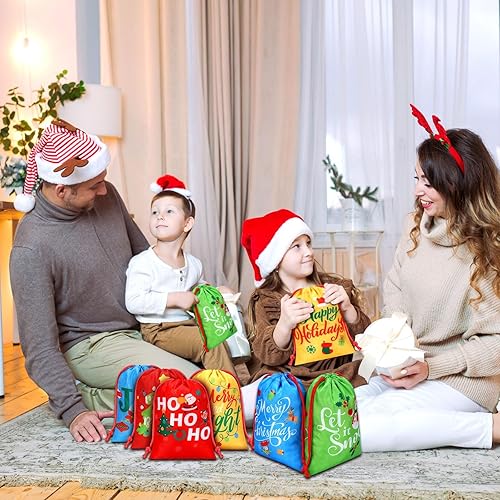 Miniatura 6 de Xuniea 24 bolsas de Navidad con cordón de 10 x 7 pulgadas, bolsas reutilizables de regalo de Feliz Navidad, pequeñas bolsas de envoltura para