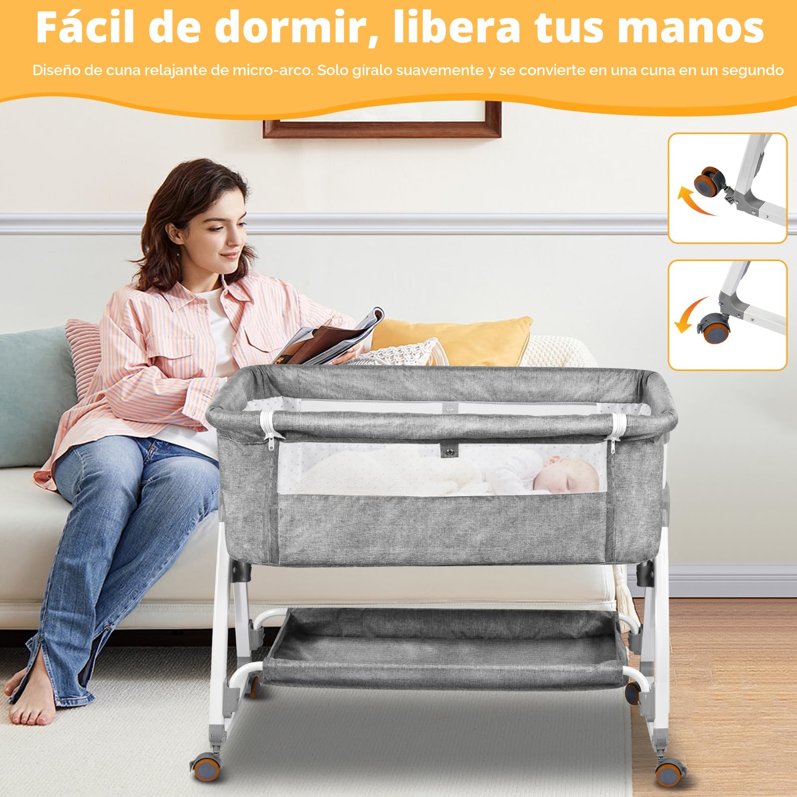 NIKYJM Cuna Colecho,3 en 1 Cuna Bebe Moises para Bebe Portatile 6 Velocità Regolabile in Altezza e Inclinazione con 4 Freni Sulle Ruote Minicuna Colecho per Letti di Diverse Dimensioni