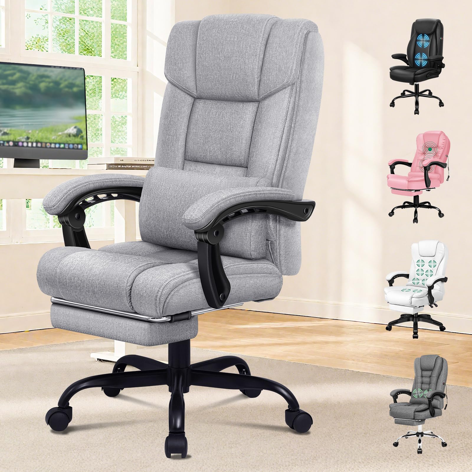 ELFORDSON Office Chair with XL Lumbar Cushion, Computer Desk Chair with Footrest, High Back 150° Recliner Tilting Function Fabric Linen, Grey — image 1
