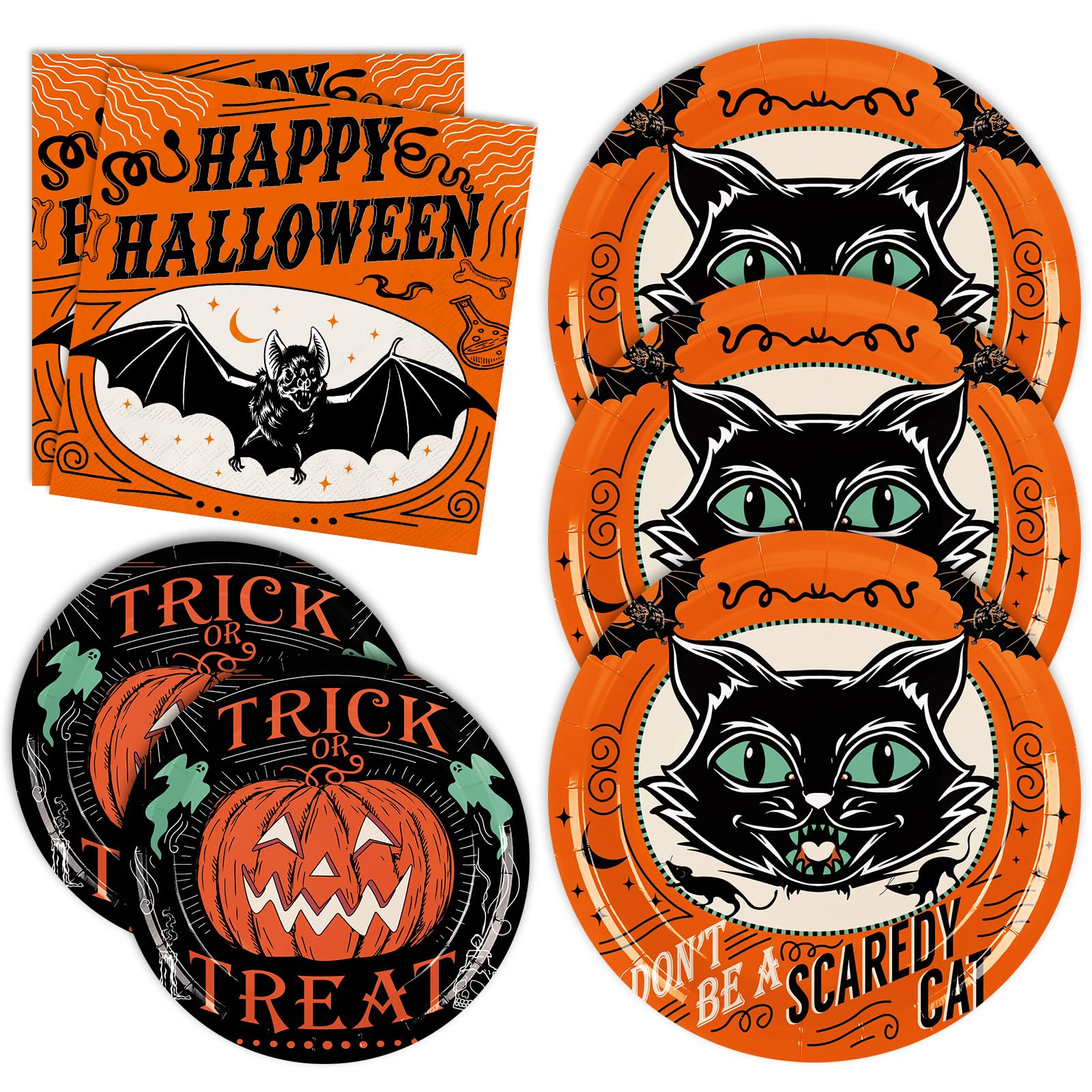 Assiettes Halloween jetables et serviettes en papier motif chat noir chauve-souris pour table