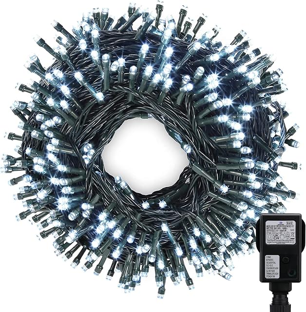 Christmas Lights Outdoor 20M/65ft, 200 LED Christmas Tree Lights for Indoor & Outdoor, White Fairy Lights Mains Powered, Timer, Christmas String Lights for Xmas Tree, Garden, Party (Green Cable)