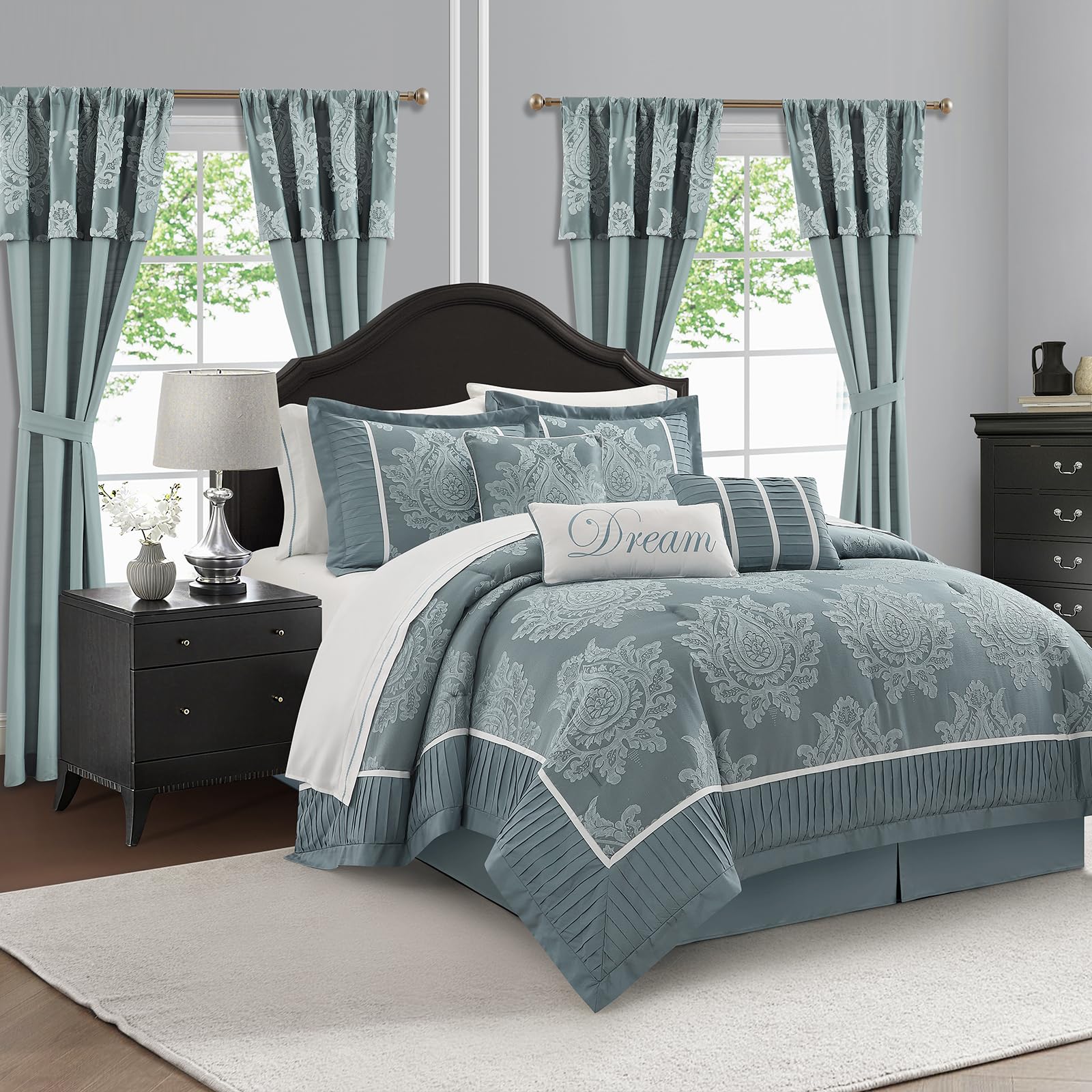 LANCO MODERN LIFESTYLE Blue Queen Comforter Set, 15 Pieces, Damask Jacquard Woven, Bedding Set with Sheets, Room in a Bag, Comforter, Bed Skirt,