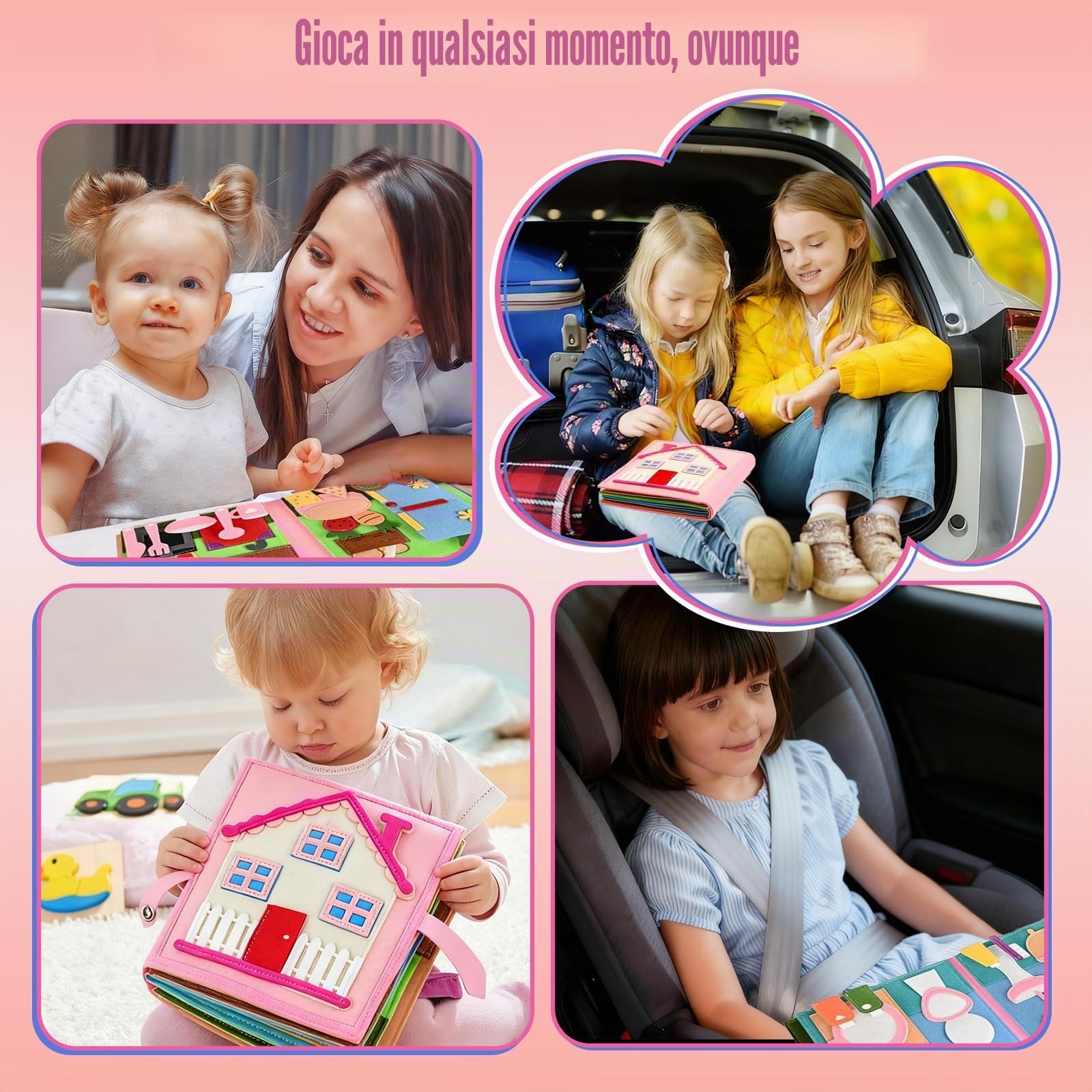 Libro Sensoriale Montessori,Libro in feltro 3D per Bambini 1-6 Anni,Gioco Educativo per Sviluppare Fantasia e Manualità,Ideale per Viaggi e Regali