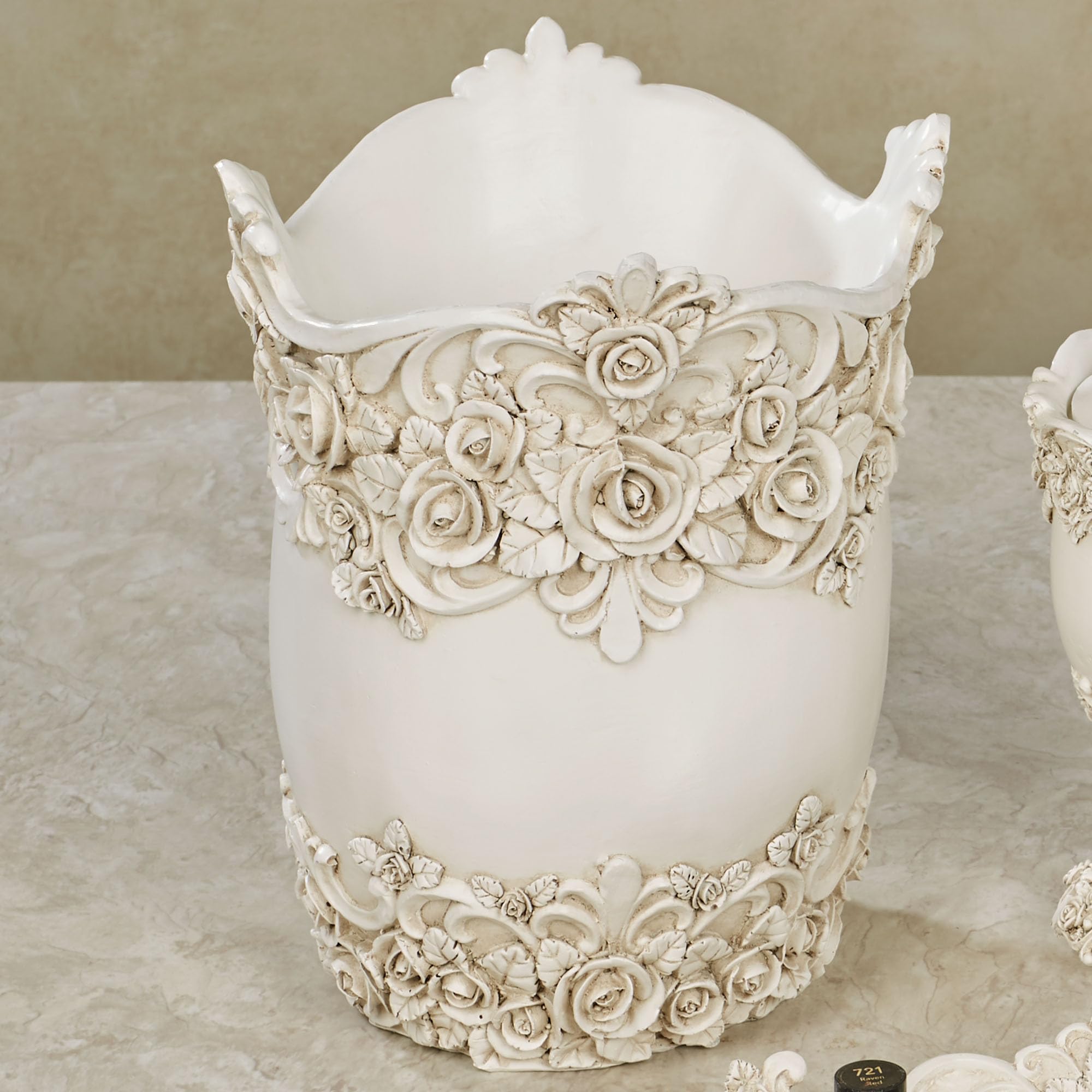 Touch of Class Victoria Rose Antique Ivory Wastebasket for Bathroom or Vanity Area