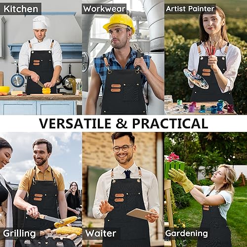 Miniatura 6 de Delantales de lona, delantales de chef de cocina, delantales de trabajo para hombres y mujeres, delantales con correa ajustable con 3 bolsillos