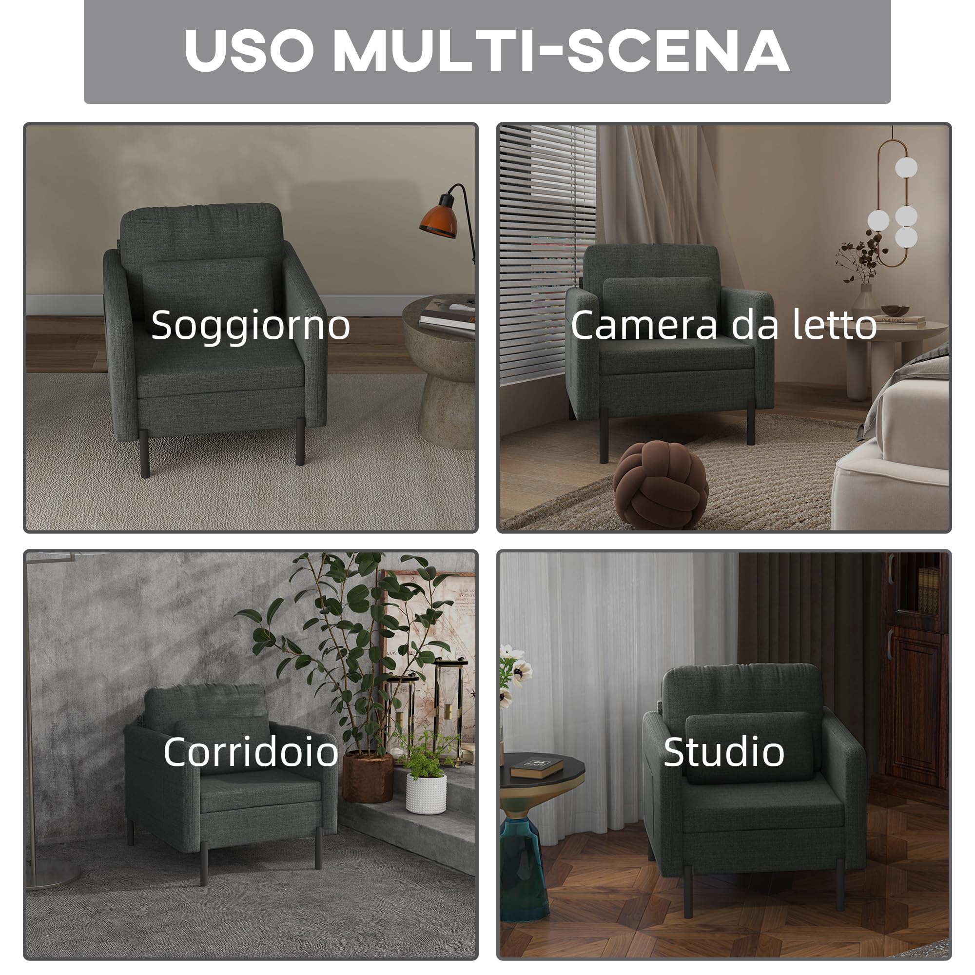 HOMCOM Poltroncina Moderna in Tessuto Effetto Lino con Gambe in Acciaio e Tasche Laterali, 73x73x80cm, Grigio
