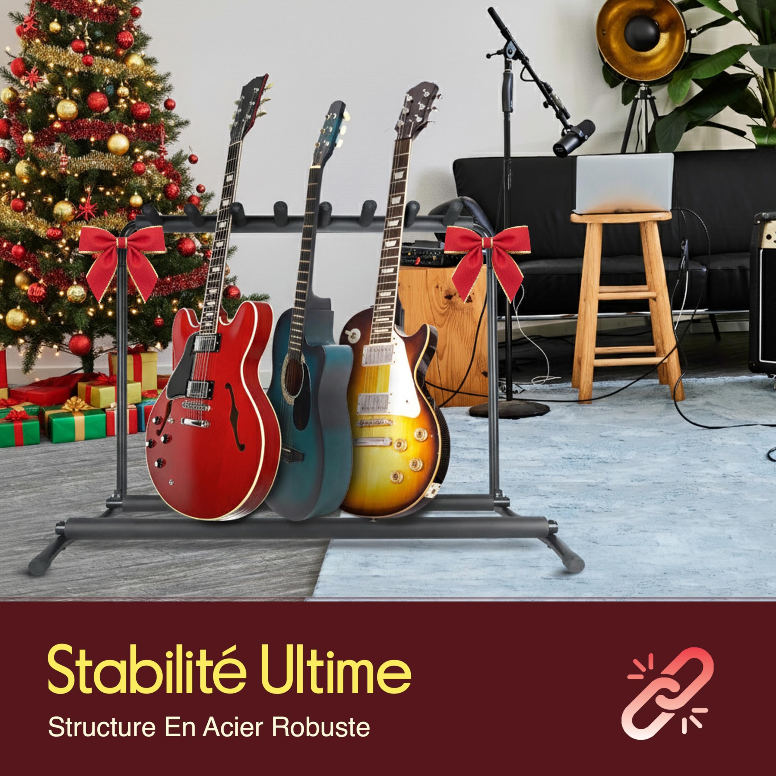 Pyle Support Guitare, Porte 7 Guitares, Universel et Portable, Pliable avec Rembourrage en Mousse, Noir