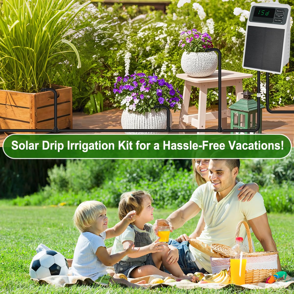 Irrigazione Aautomatica Solare, Irrigazione Programmabile Fai da Te 15 Giorni, Impermeabile con Display Digitale, Kit Irrigazione Solare per 10 Piante in Vaso, Interno, Balcone, Terrazzo ed Esterno