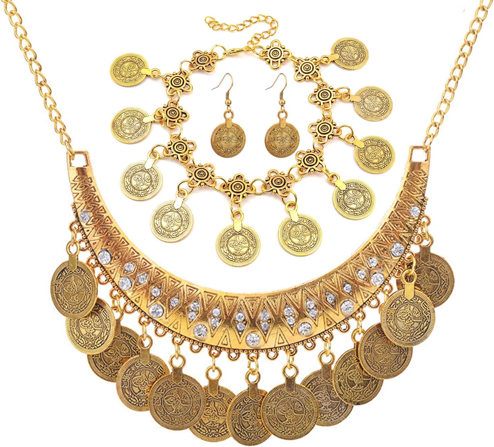3 PCS Gypsy Jewelry Accessories Rhinestone Gypsy Coins Necklace and Earrings Boho Gypsy Bracelets for Ladies Gifts