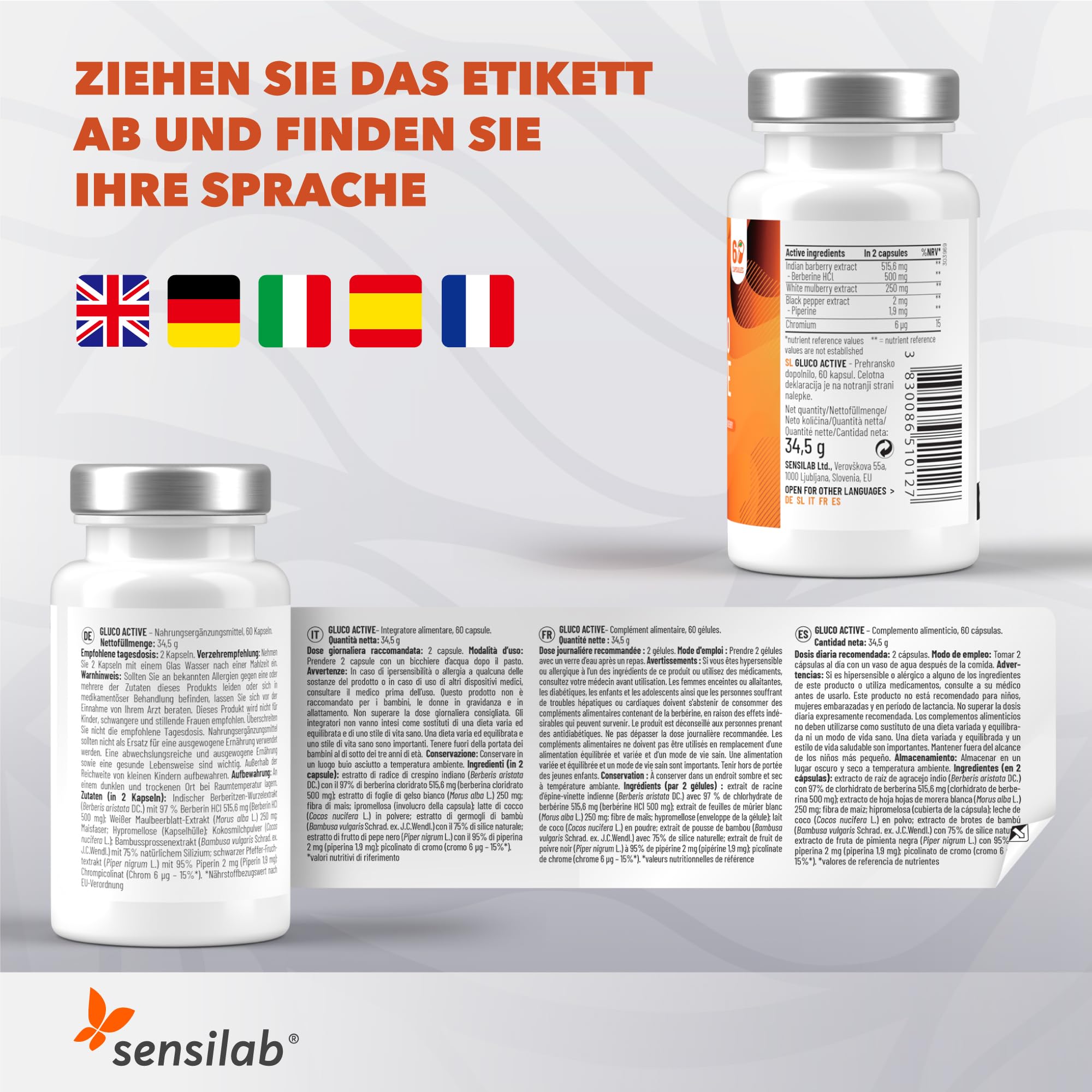 Gluco Formula mit Berberin, Chrom und weißer Maulbeere, Vegan, 60 Kapseln, Essentials Gluco Active von Sensilab