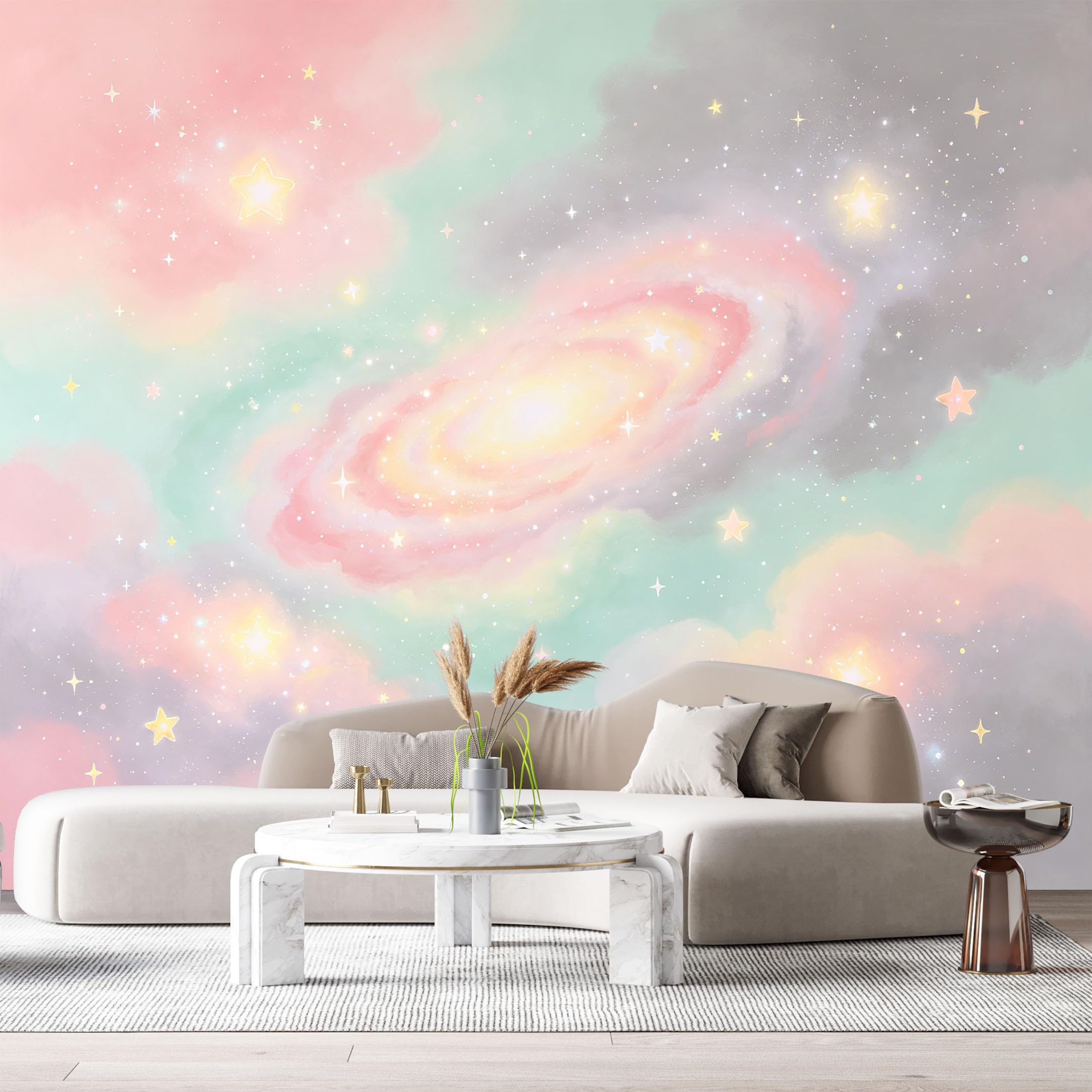 Custom Size Wall Murals Pastel Galaxy Watercolor Nebula Glowing Stars Soft Aesthetic Abstract Art SelfAdhesiveWall Fabric Removable Wallpaper Wall Decor for Living Room Bedroom Bathroom