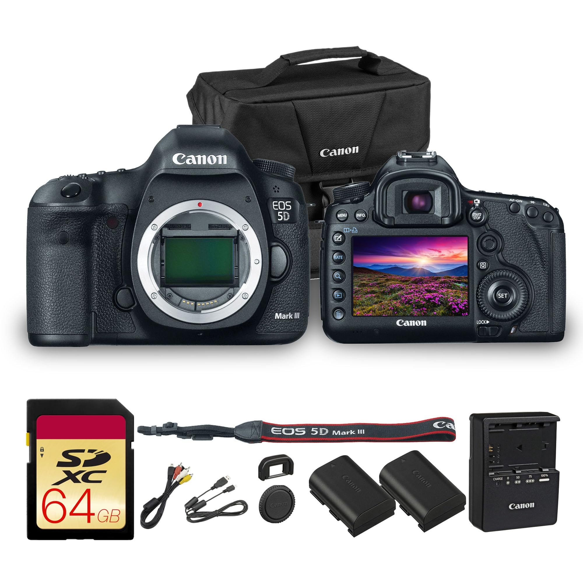 Canon EOS 5D Mark III DSLR Camera | 22.3MP Full-Frame CMOS Sensor, DIGIC 5+ Processor & Full HD Video | Great for Weddings, Portraits & Events (5260B002) + Canon Bag + 64GB Card + LP-E6P Battery