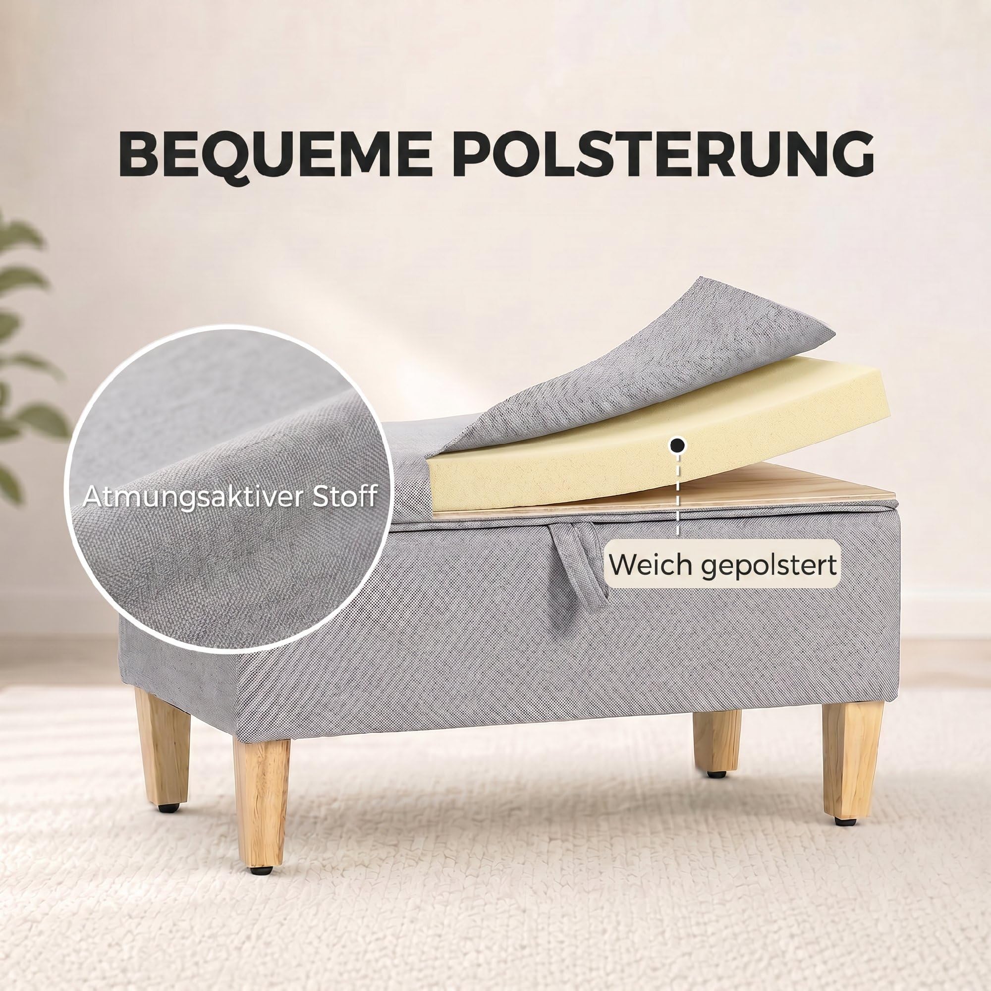 HOMCOM Sitzbank mit Stauraum aufklappbarer Deckel 71x37x36 cm Hellgrau