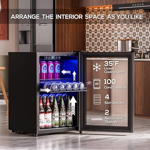 Miniatura 9 de Manastin Refrigerador de bebidas, refrigerador independiente para 120 latas con puerta de vidrio, estantes ajustables y pantalla digital de