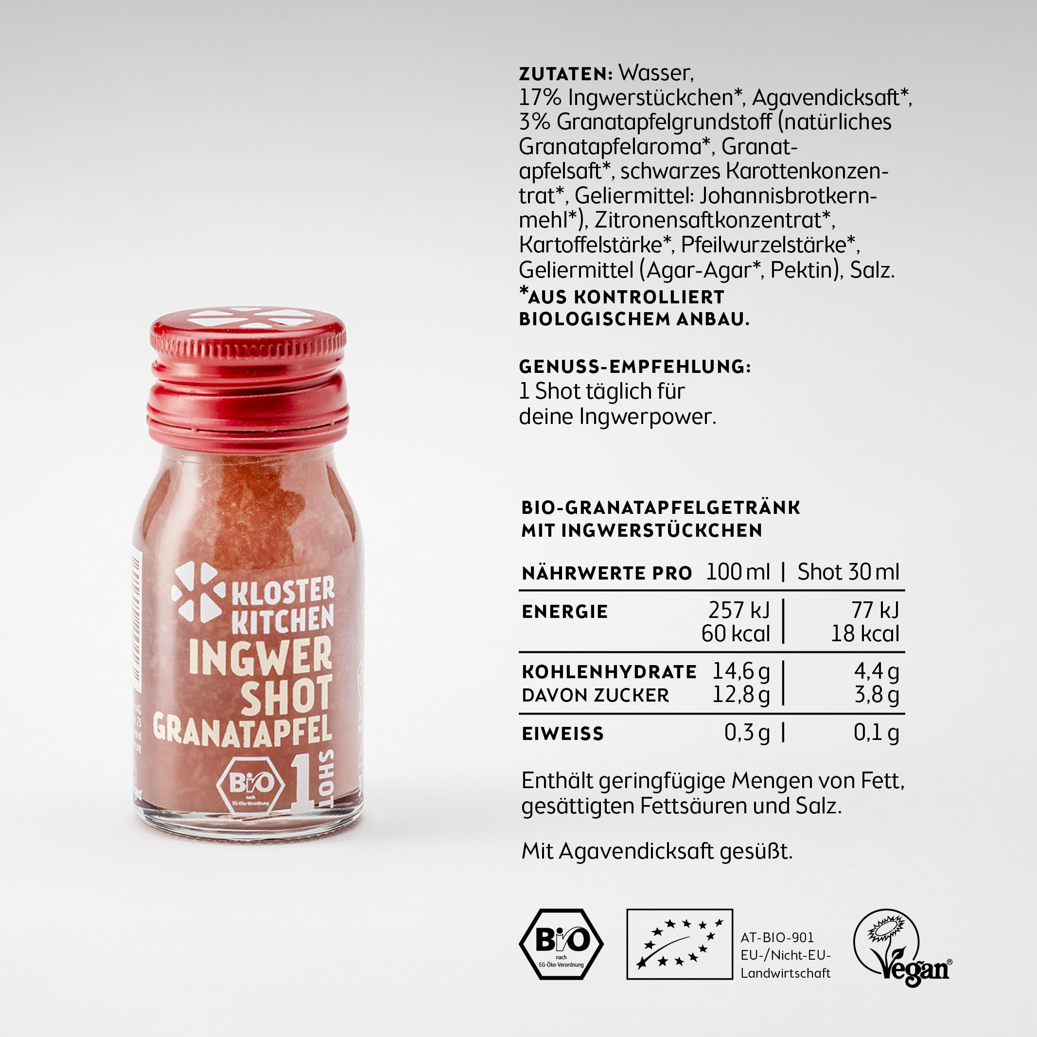 Kloster Kitchen Bio Gingembre Shot Grenade 1SHOT 28 x 30 ml avec des morceaux de gingembre | Shot de gingembre végétalien en bouteille en verre | Sans additifs & avec douceur naturelle