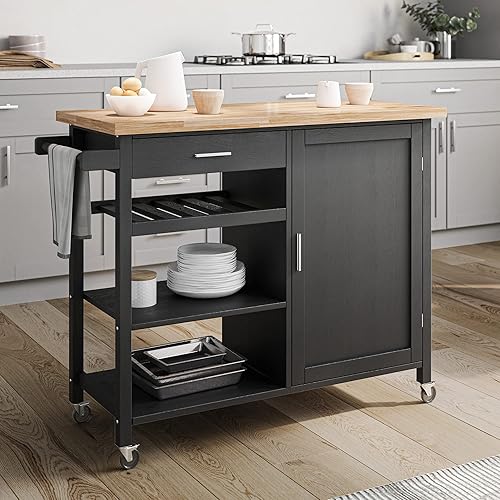 BELLEZE Carrito de cocina moderno con ruedas, con cajón, armario de almacenamiento, toallero con asa, parte superior de madera de goma y ruedas