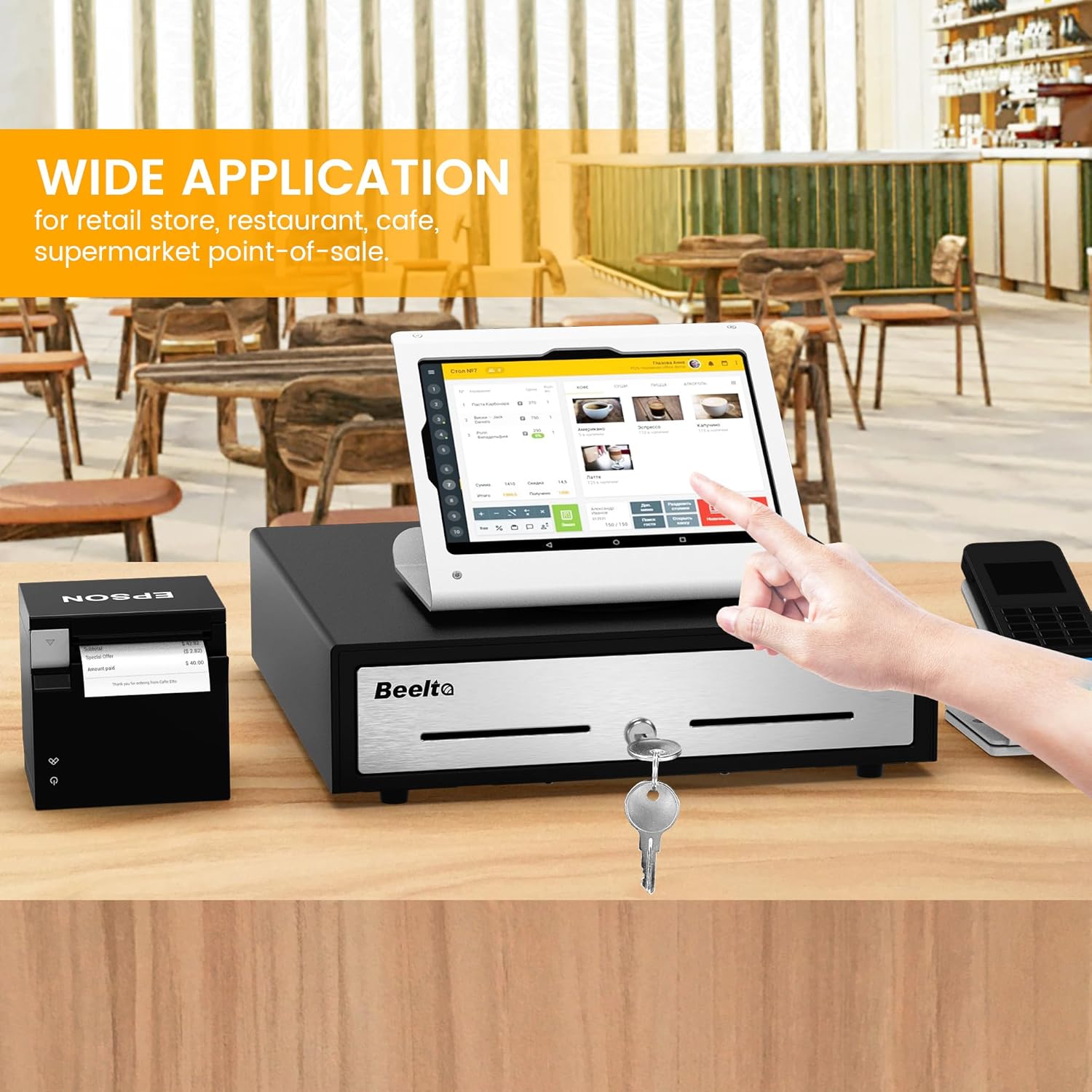 16" Cash Drawer for Small Business - Stainless Steel Front Panel, Removable Cash Tray, Electronic Cash Box, 5Bill/5Coin, RJ11/12 Cable Cashier Register