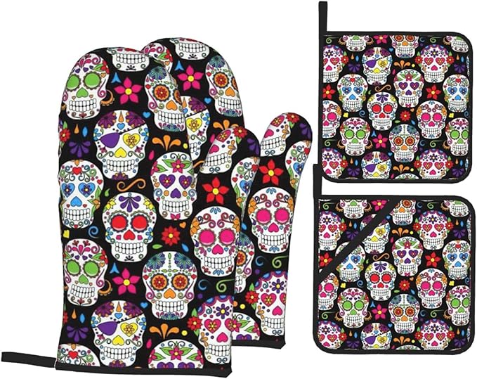 4 Pcs Sugar Skulls Print Heat Resistant Non-Slip Kitchen Oven Mitt and Pot Holder Set,for Cooking.