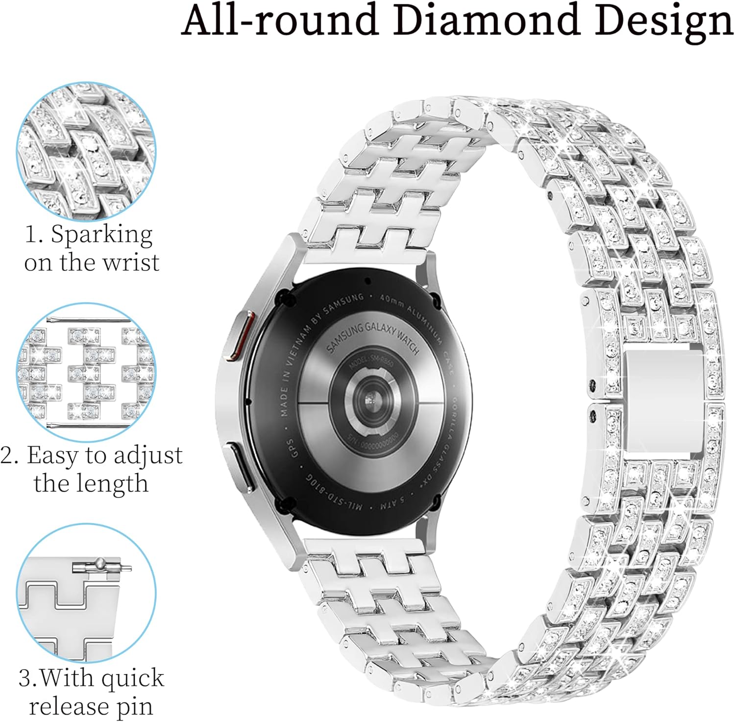 Galaxy Watch 7 6 5 4 FE Band 20mm Diamond for Samsung Galaxy 7 6 5 4 FE 40mm 44mm, Women Bling Metal Strap for Samsung Watch Bands/Watch 4 6 Classic/3 41mm/Active 2-Silver - Image 2