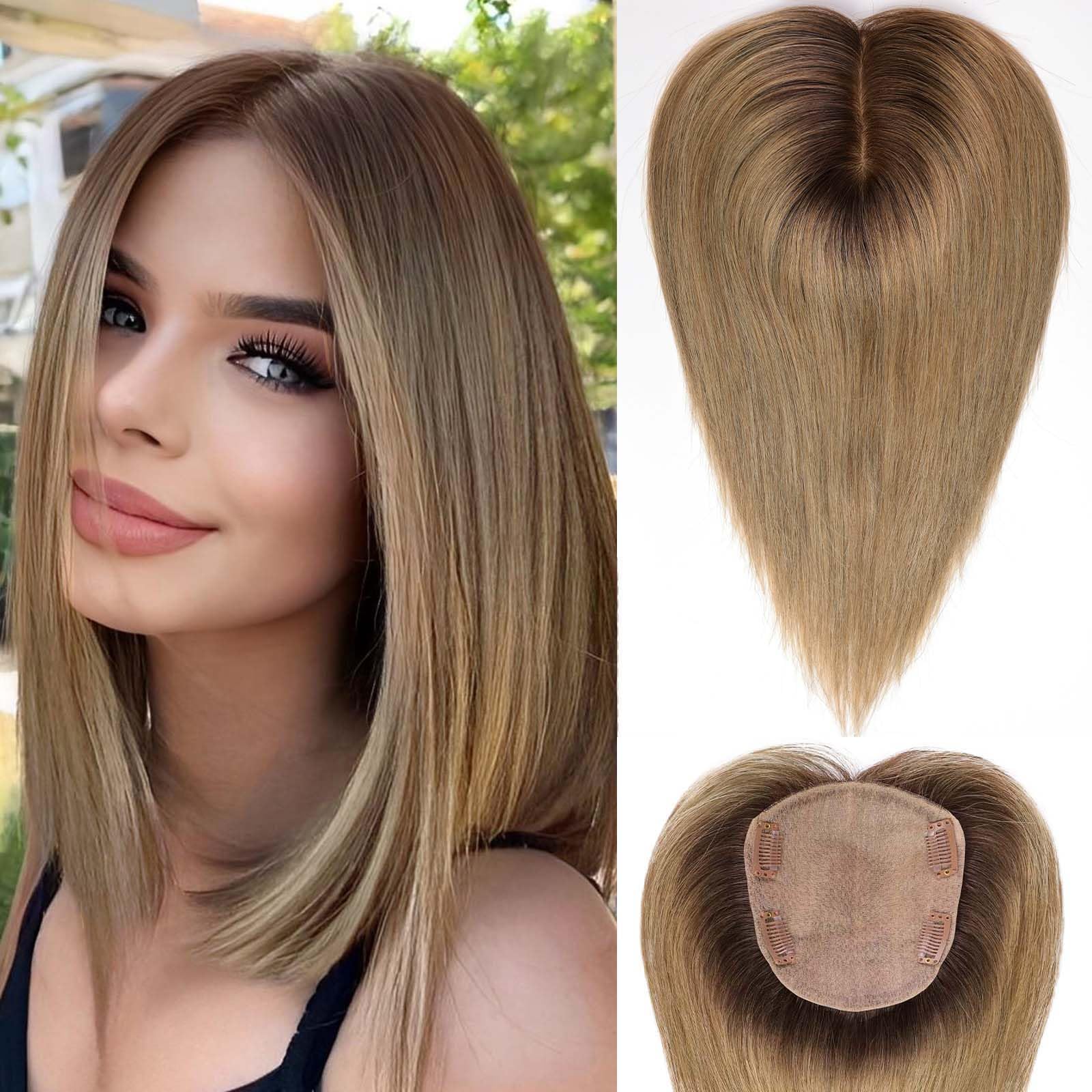 HAIRCUBE 5"*5.5" Large Base Hair Toppers for Women Real Human Hair Topper, 12 inch Ombre Ash Blonde 100% Human Hair Topper, No Bangs for Women with