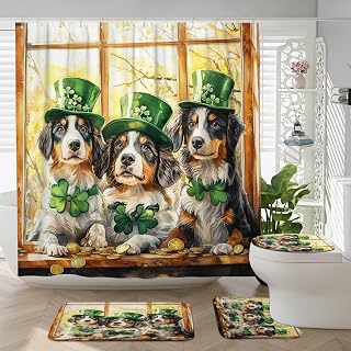 4PCS St.Patrick's Day Australian Shepherd Dog Shower Curtain 72''x72'' with Hooks, Bathroom Accessory Set with Bath Rug, U Shape Toilet Lid Cover Mat, Window Fun Puppy Home Bath Fabric Decor