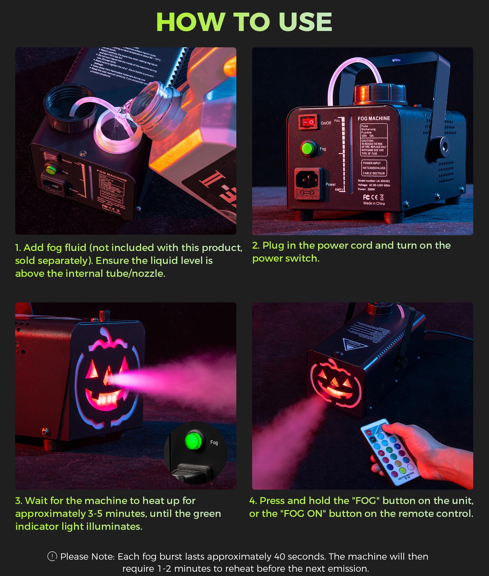 IMONE Fog Machine 500W 2000CFM 2 Spooky Themed Light Covers Smoke Machine with 72-LEDs with 12 Light Colors, Wireless Remote Controls, for Halloween, Wedding, Parties, DJ Stage, Indoor & Outdoor Use