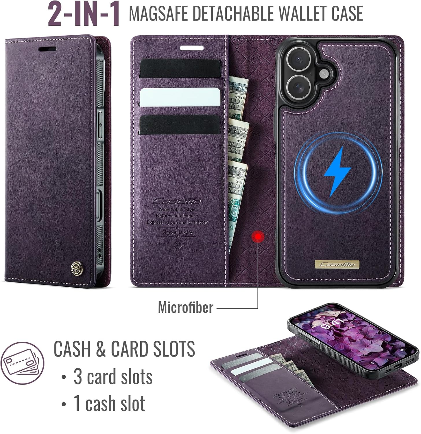 Kowauri Case for iPhone 17, PU Leather Wallet Flip Case with Card Holder RFID Blocking, Magnetic Detachable Shockproof Phone Cover Wireless Charging Compatible for iPhone 17 (6.3 inch), Purple - Image 2