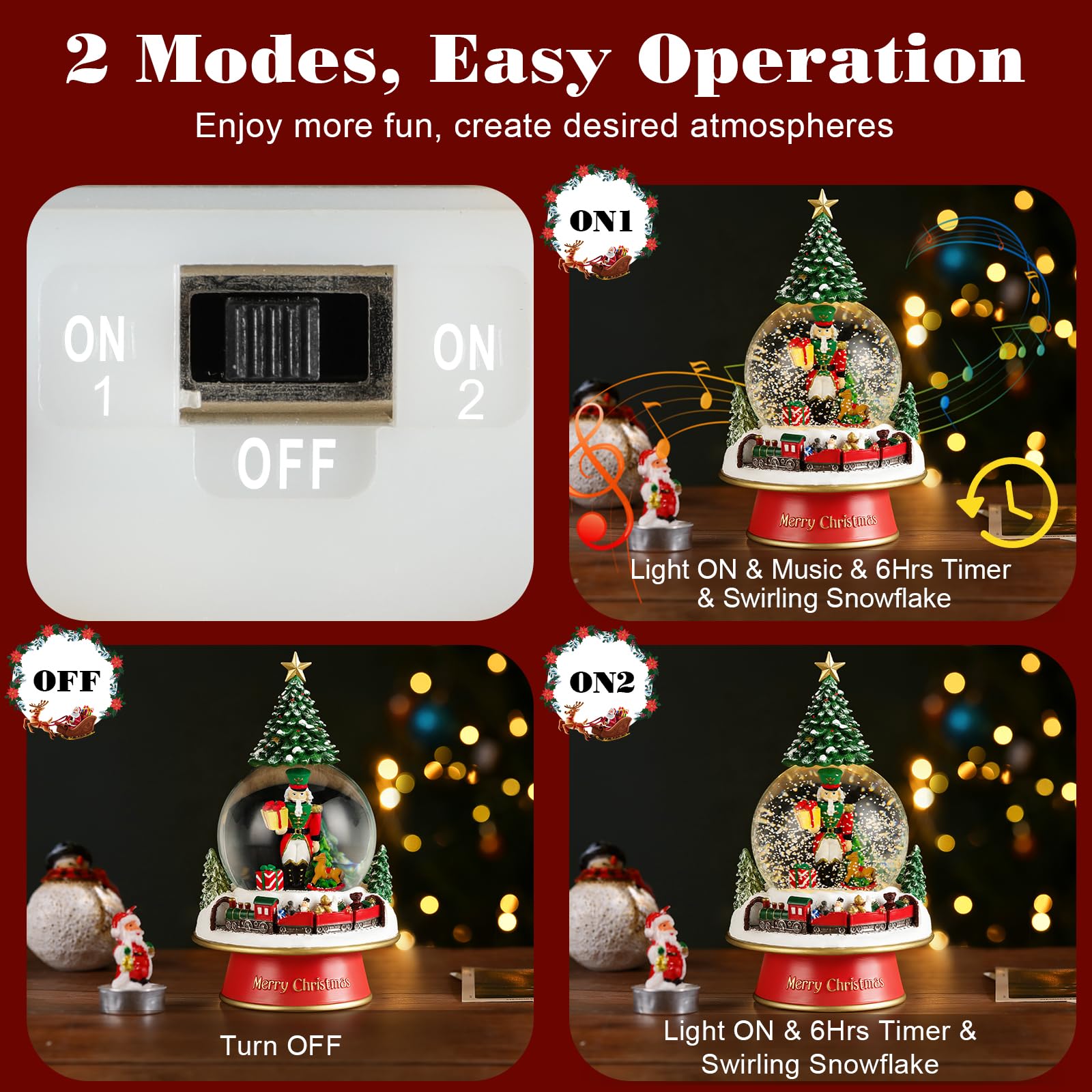 Lewondr Globo de Nieve Navideño, Globo de Cristal con 8 Canciones Navideñas, Caja de Música Eléctrica Reno con Tren y Cascanueces, Decoración de Navidad para Chimenea de Dormitorio
