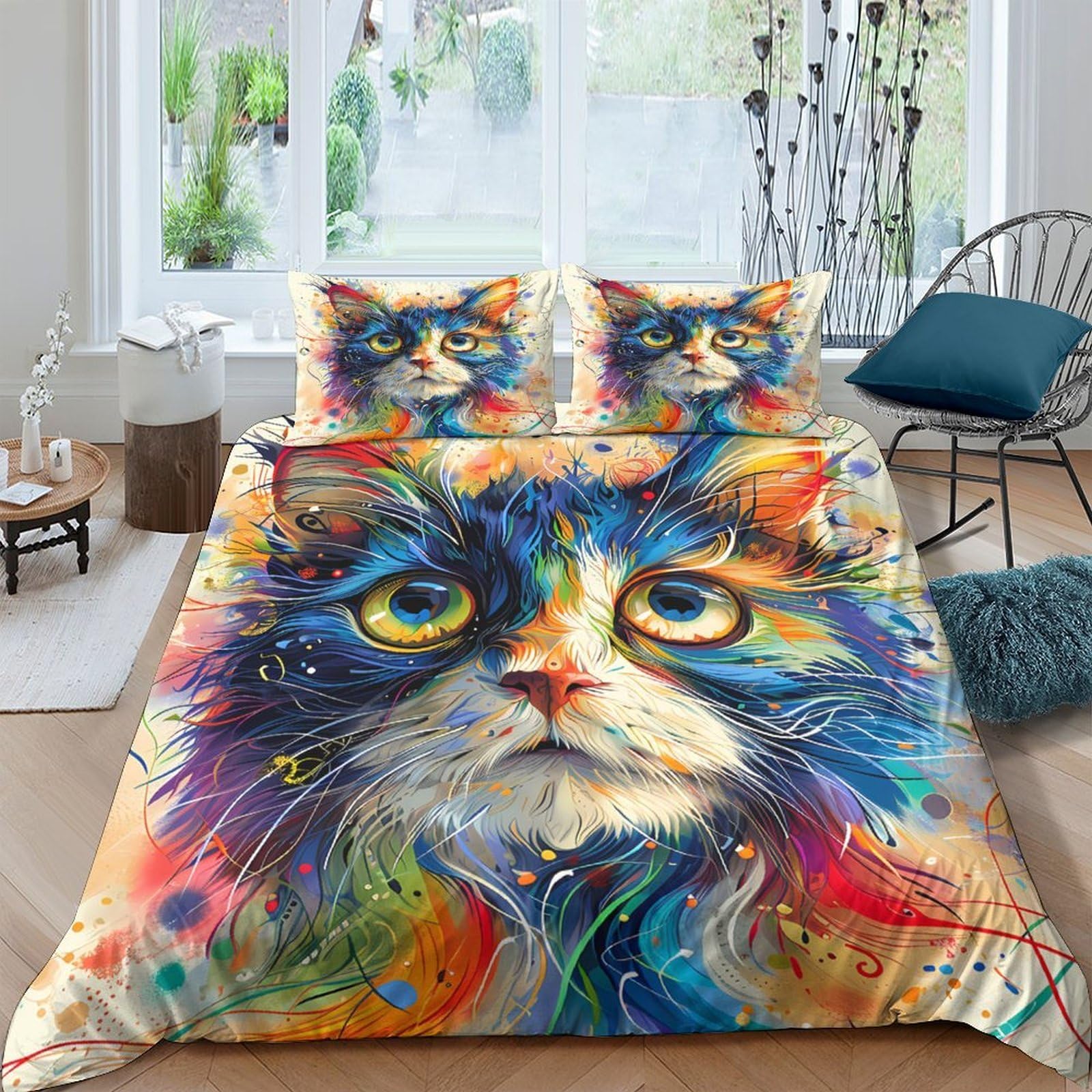 Ctjqhvkz Style-3 3D Printed Colorful Cat Art Fitted Sheet Microfiber Soft Anti-Slip Mattress Cover For Bedroom, Dorm, Easy Care Single（135X200cm）