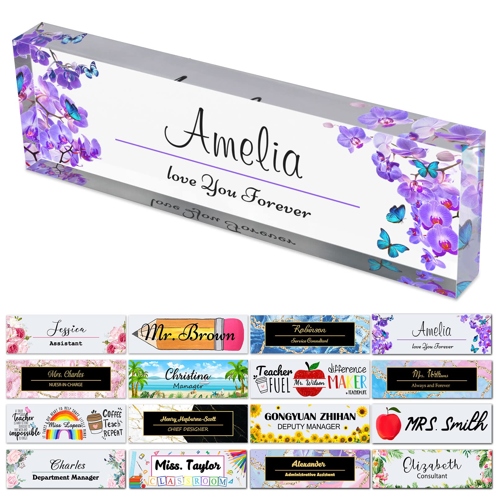 Desk Name Plates for Office Personalized Custom Acrylic Name Plates for Desks Flower Design On Clear Appreciation Decor Gift (8" x 2.5")