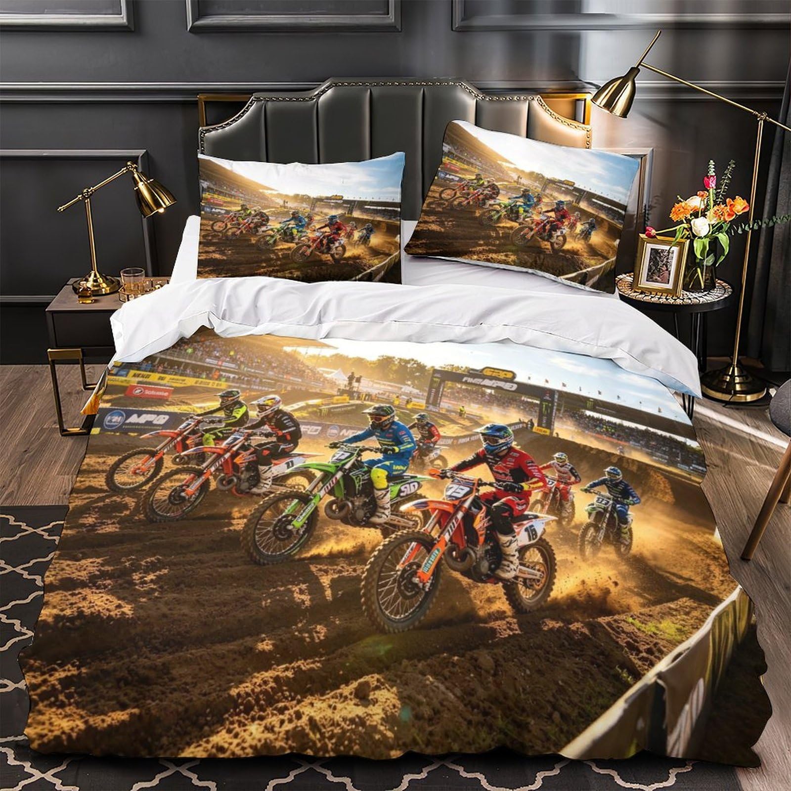 DAFUfbw Washable Dirt Bike Bedding Set With Hidden Zipper, King（220x240cm） Dirt Bike Duvet Cover with Pillowcases, Soft Microfiber Motorcycle Race Quilt Cover