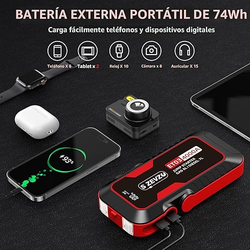 Miniatura 3 de S ZEVZO ET03 - Batería de arranque de coche de 4000 A para motores de gasolina de hasta 8.0 L y 7.0 L diésel, caja de salto portátil de 74 Wh de 12