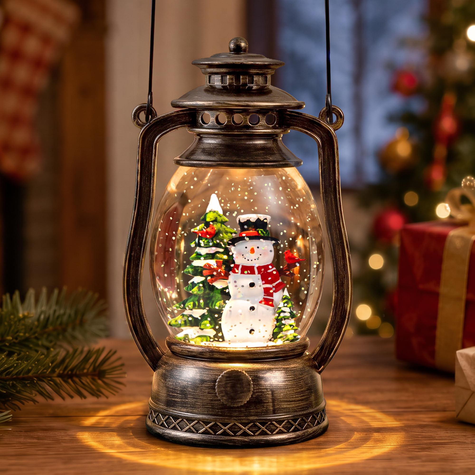 Christmas Snow Globe Lantern with LED Lighted Water Glitter, Hanging Kerosene Style Snowman Scene, Vintage Bronze Tabletop Holiday Decoration Gifts
