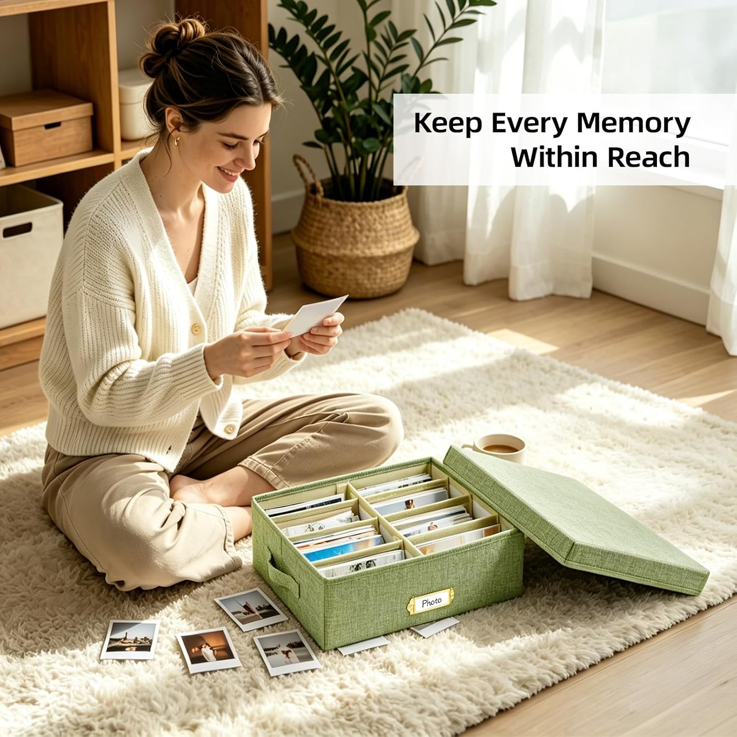 Linen Photo Storage Box with Adjustable Hook and Loop Dividers, Holds 1700 4"x6" Photos, Collapsible Picture Organizer with Handle and Label Stickers, Memory Keepsake Box for Women, Grass Green