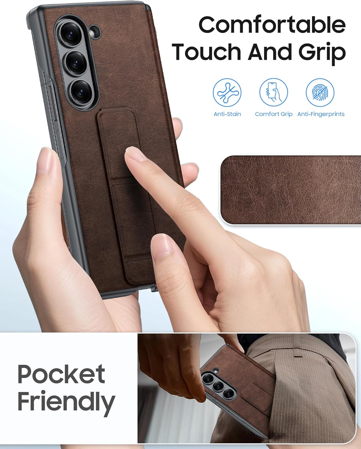 Vizvera for Samsung Galaxy Z Fold 6 Case with [2 Pack Screen Protector][Hold Strap][Hinge Cover] Shockproof Leather Protective Phone Case for Galaxy Z Fold 6(Retro Brown)