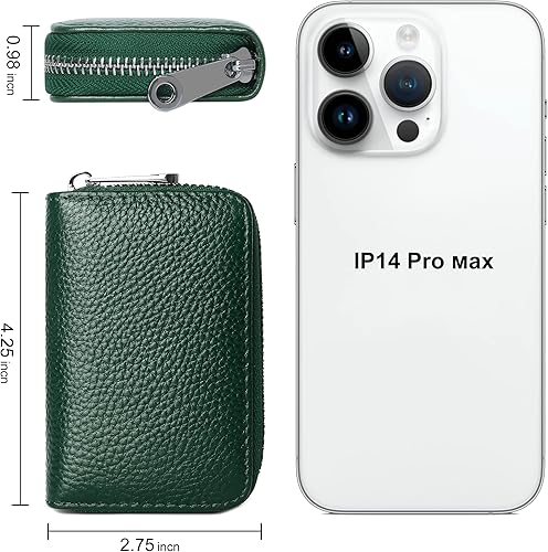 Miniatura 6 de FEITH&FELLY Cartera de cuero genuino para tarjetas de crédito RFID con cremallera pequeña para mujeres y hombres, Verde oscuro, Classic