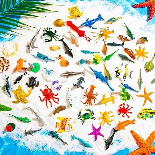 Miniatura 4 de Paquete de 68 juguetes de animales marinos del océano, minifiguras de animales, juguetes de baño, figuras realistas bajo el mar, tiburones para