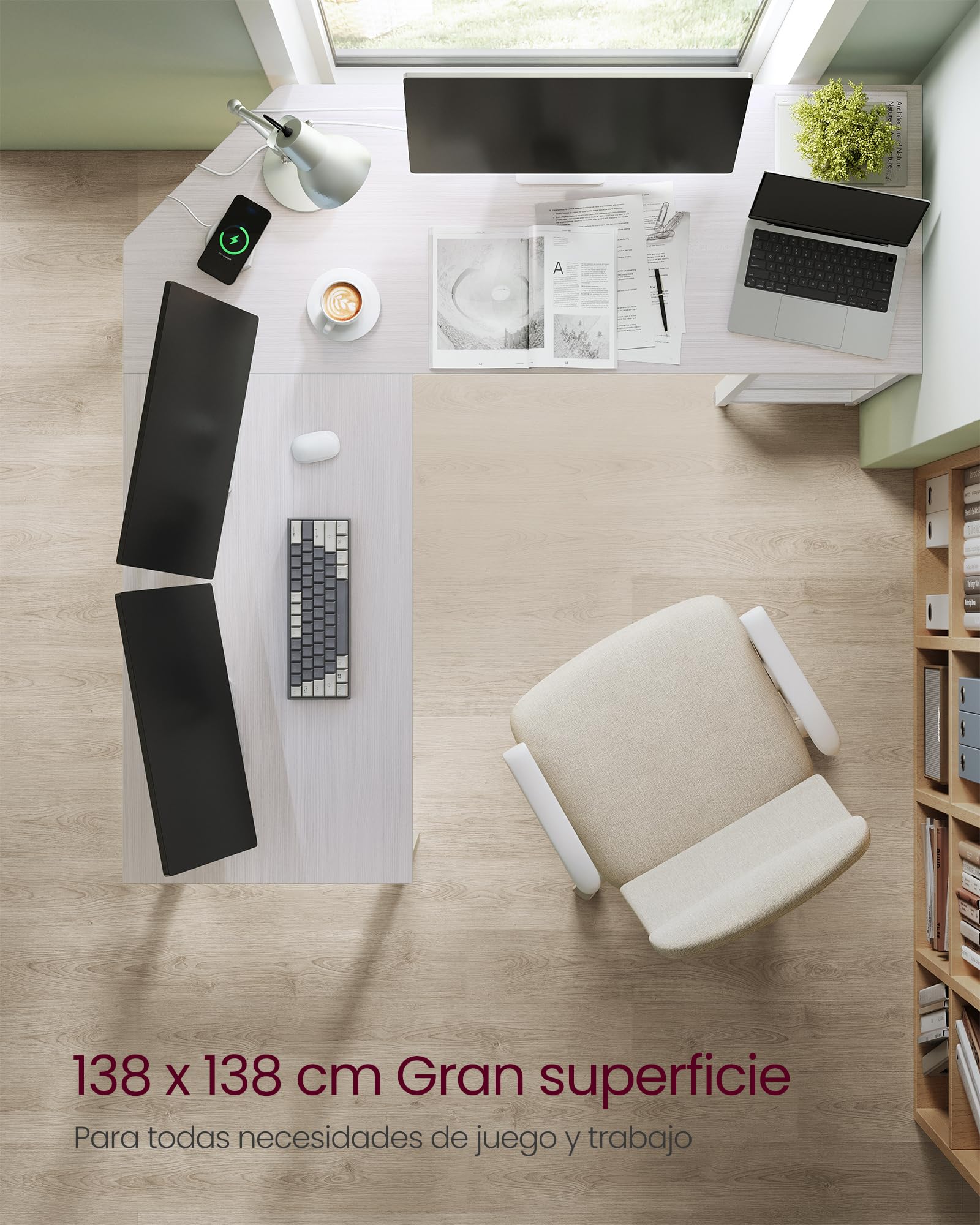 VASAGLE Escritorio, Mesa de Ordenador en Forma de L, 138 x 138 x 76 cm, Esquina con 2 Estantes, Ahorra Espacio, para Oficina Casa, Juegos, Blanco Arce LWD072W44