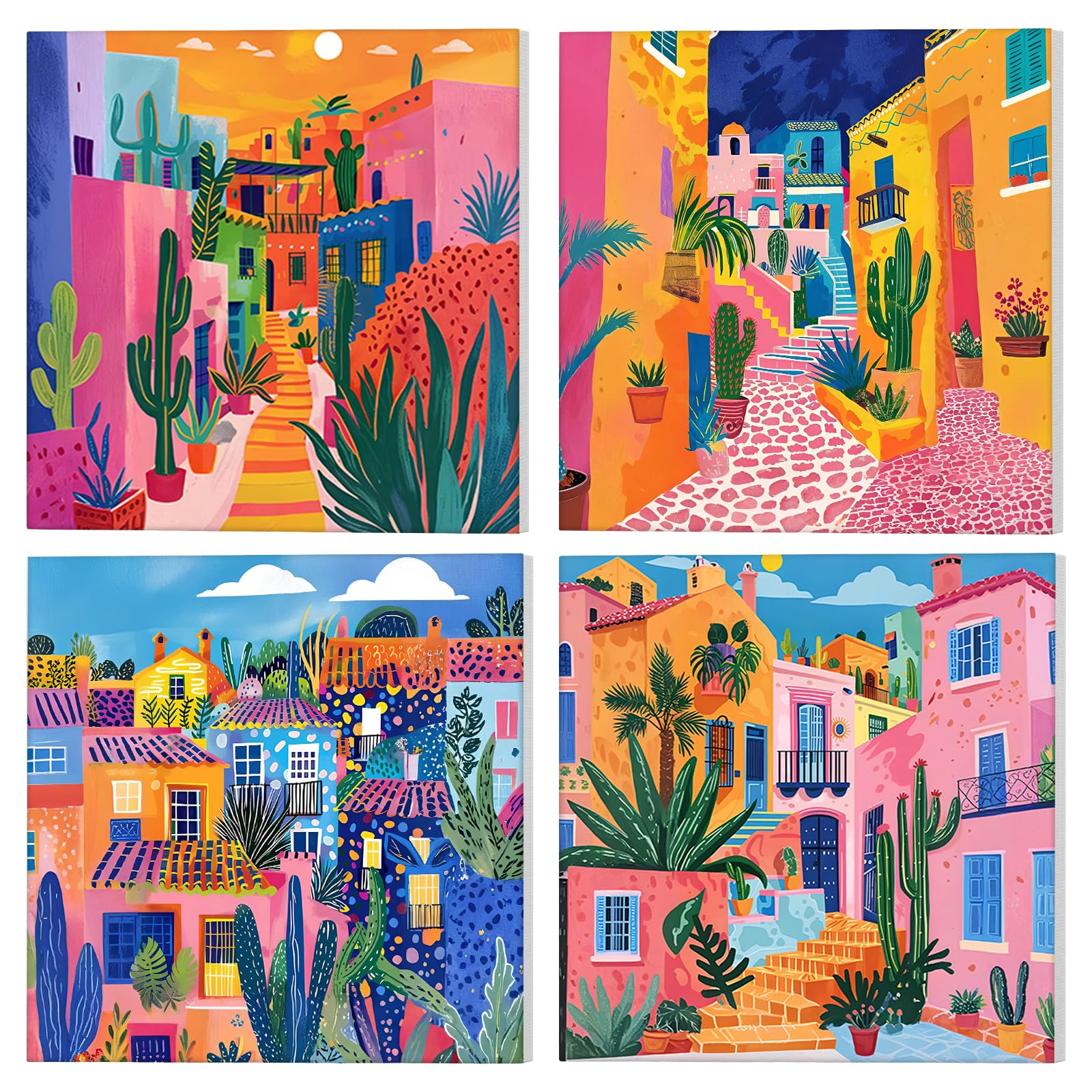 NAIMOER 4 Pièces Colorées Maisons Peinture par Numéros pour Adulte avec Cadre, Peinture Numéros Paysage Touristique Enfants, Cadeaux Décoration Maison 20x20cm