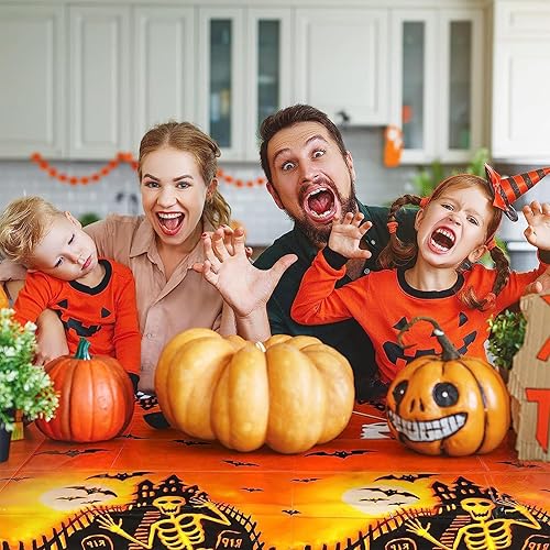 Miniatura 6 de Reofrey Mantel de mesa de Halloween para casa encantada, 3 piezas, mantel de calabaza de Halloween, mantel cuadrado, mantel de plástico desechable